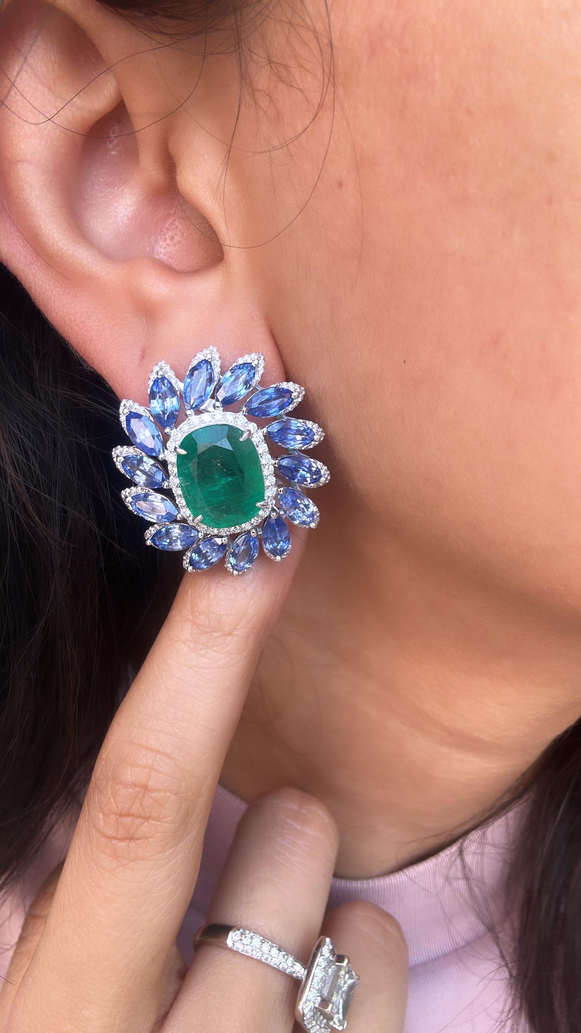 Modern 11.46 carats, natural Zambian Emerald, Blue Sapphires & Diamonds Stud Earrings