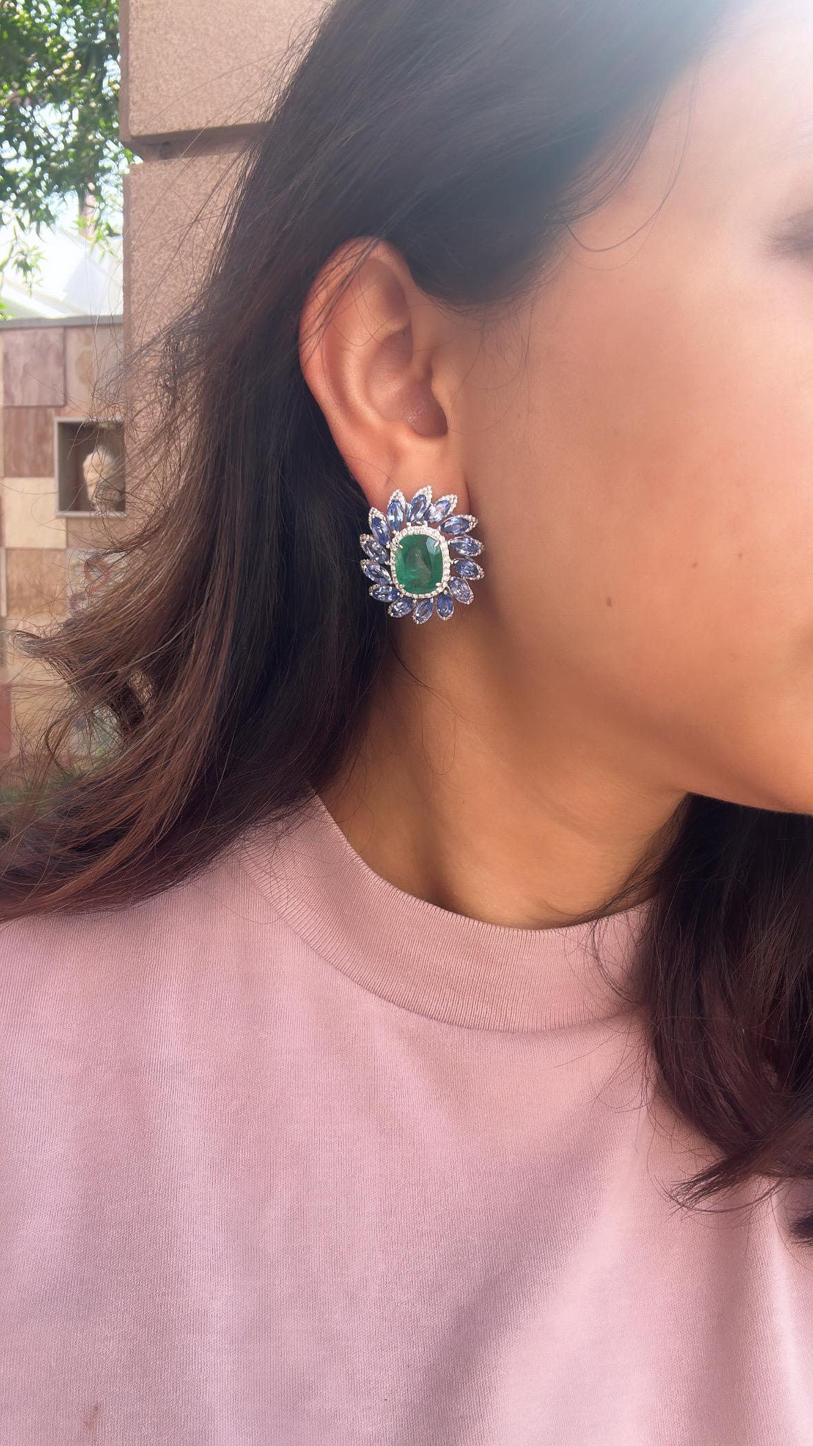 Emerald Cut 11.46 carats, natural Zambian Emerald, Blue Sapphires & Diamonds Stud Earrings