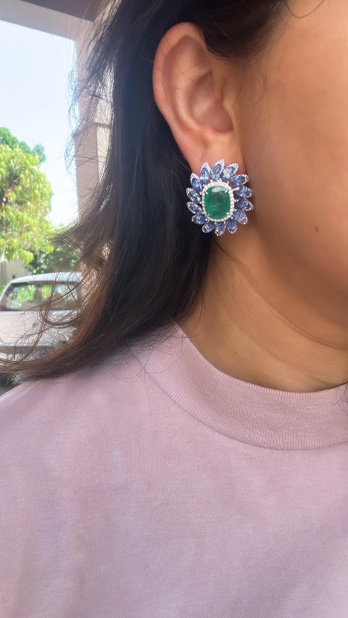 11.46 carats, natural Zambian Emerald, Blue Sapphires & Diamonds Stud Earrings In New Condition In Hong Kong, HK