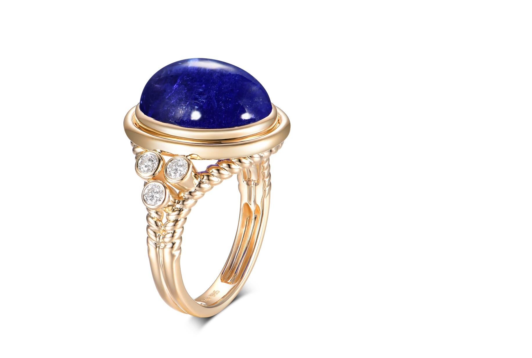 This stunning cocktail ring is a true statement piece, featuring a magnificent 11.46 carat cabochon tanzanite set in luxurious 18K yellow gold. The tanzanite's deep violet-blue hues are vivid and captivating, with the smooth, rounded cabochon cut