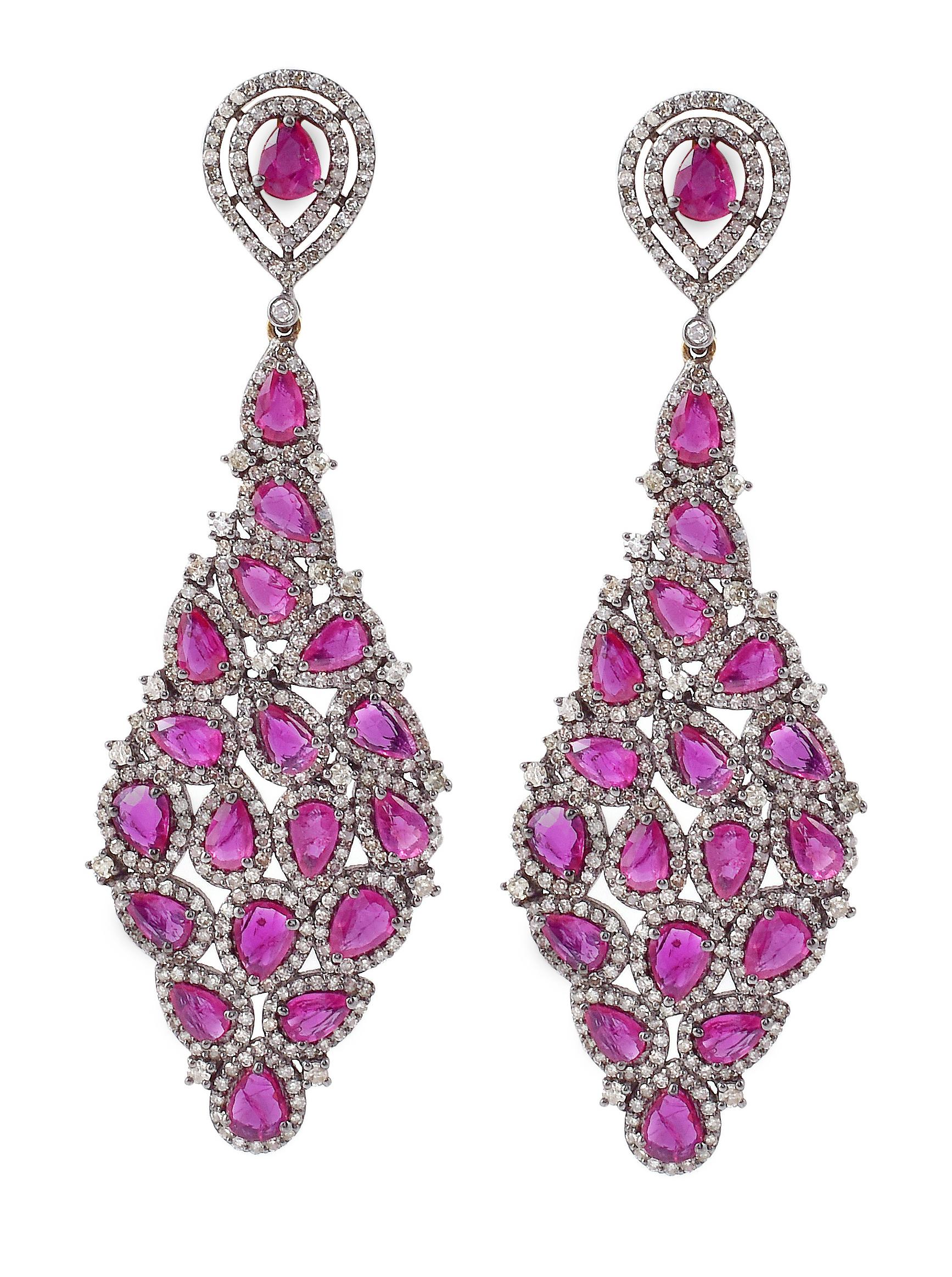 Pear Cut 11.47 Carat Diamond and Ruby Drop Earrings in Contemporary Victorian Style For Sale