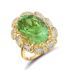 Natural Green Namibian Tourmaline Stone 11.47 cts in 18KY&W Gold Ring w Diamonds