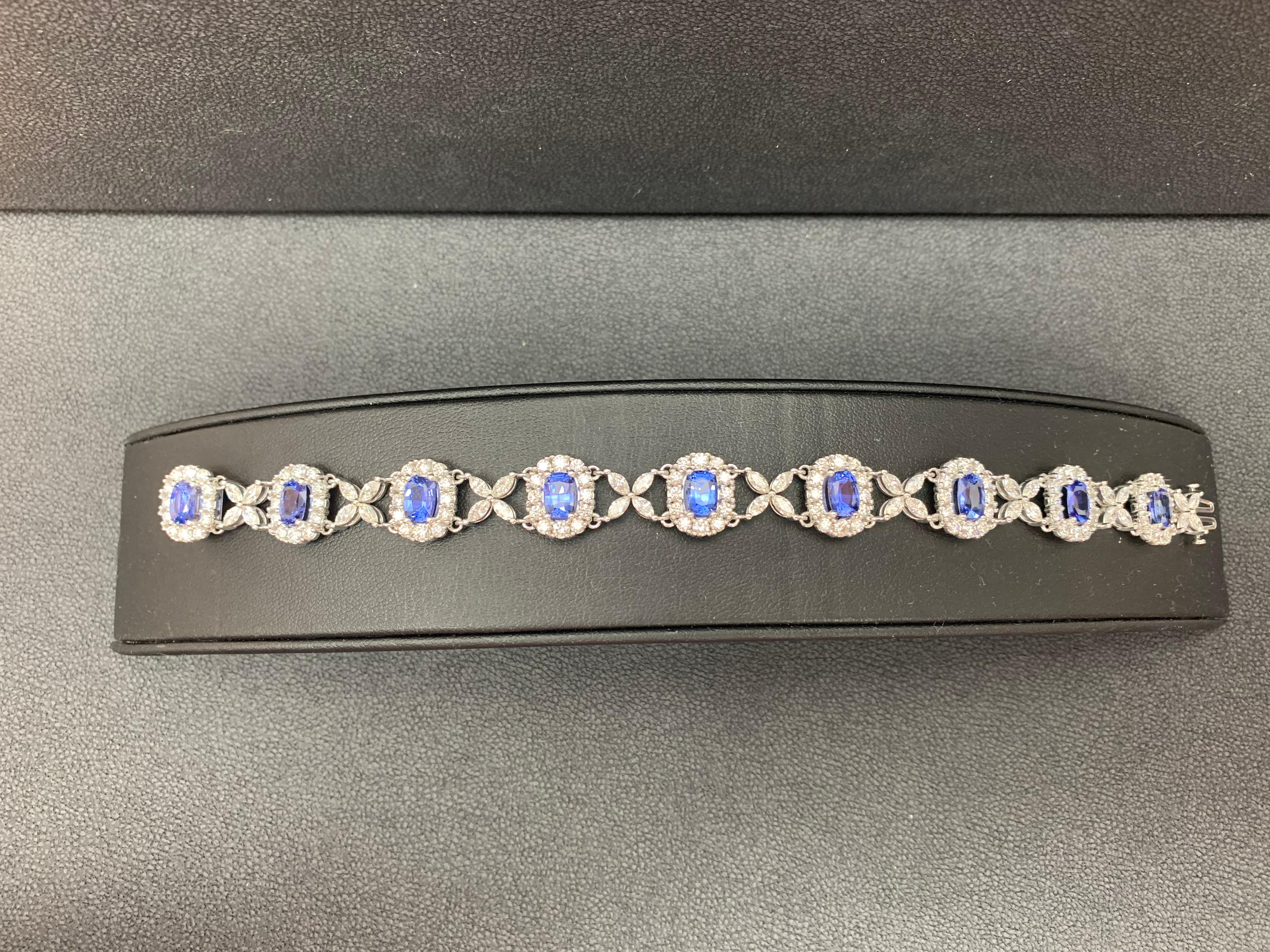 11.47 Carat Oval Cut Blue Sapphire and Diamond Tennis Bracelet in 14K White Gold For Sale 2