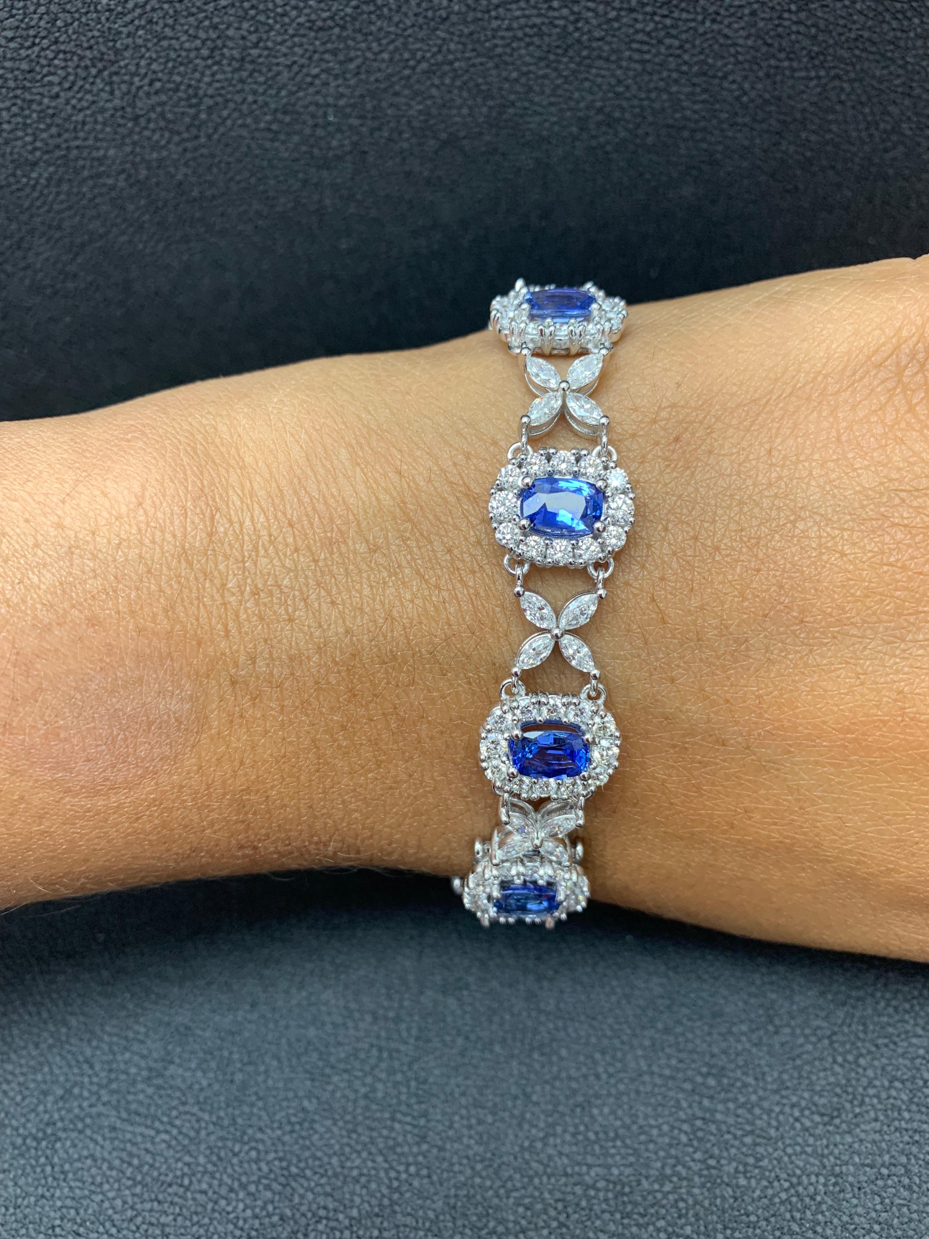 11.47 Carat Oval Cut Blue Sapphire and Diamond Tennis Bracelet in 14K White Gold For Sale 3
