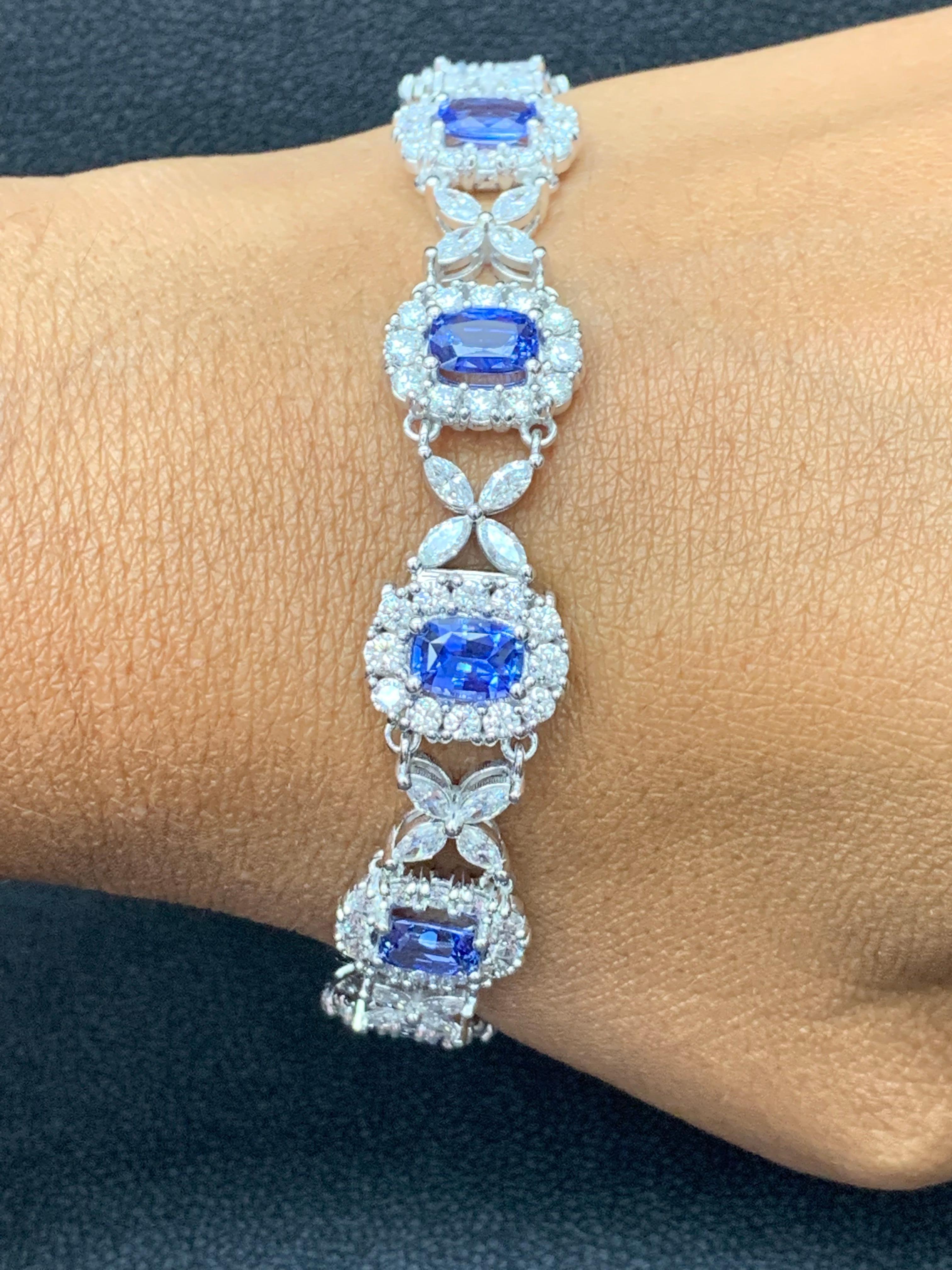 11.47 Carat Oval Cut Blue Sapphire and Diamond Tennis Bracelet in 14K White Gold For Sale 4