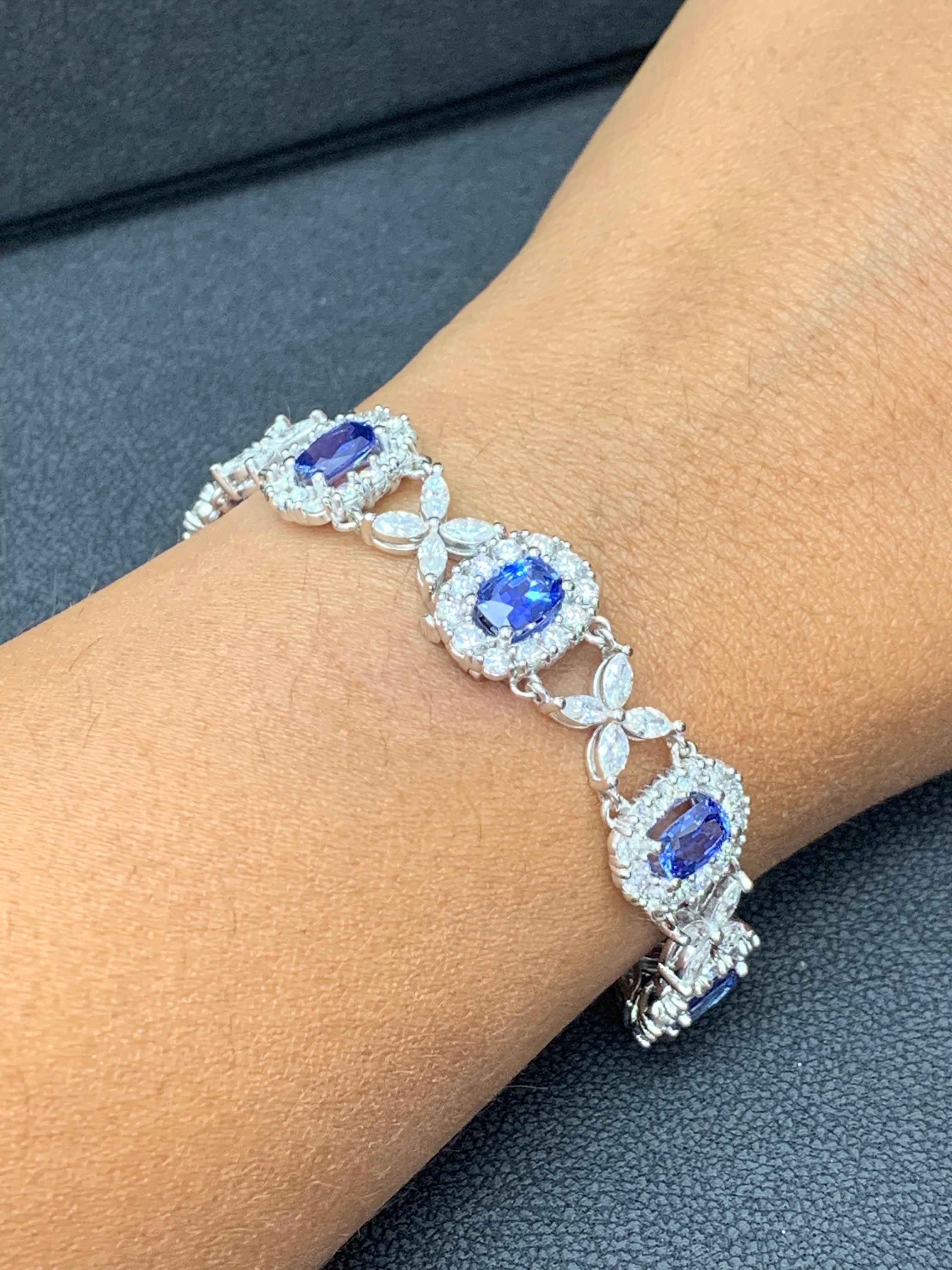 11.47 Carat Oval Cut Blue Sapphire and Diamond Tennis Bracelet in 14K White Gold For Sale 5