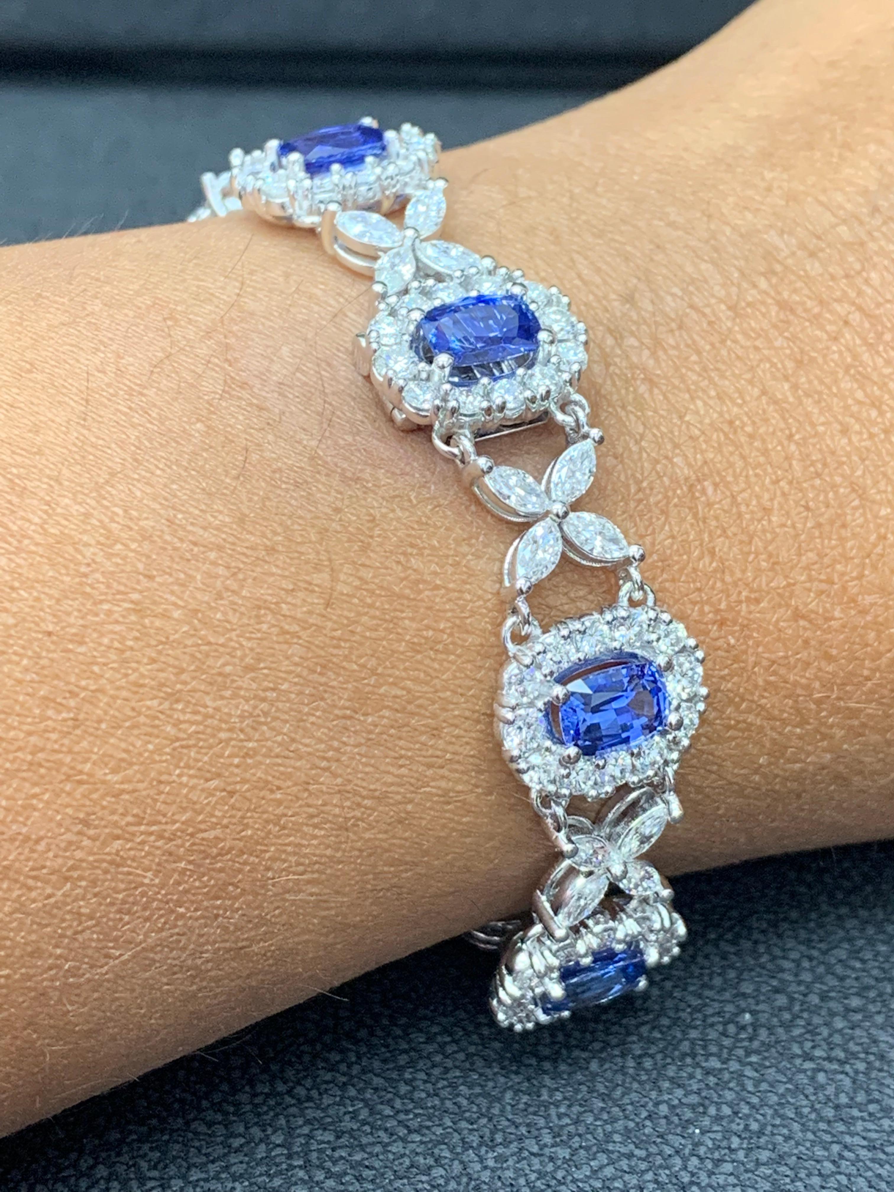 11.47 Carat Oval Cut Blue Sapphire and Diamond Tennis Bracelet in 14K White Gold For Sale 6