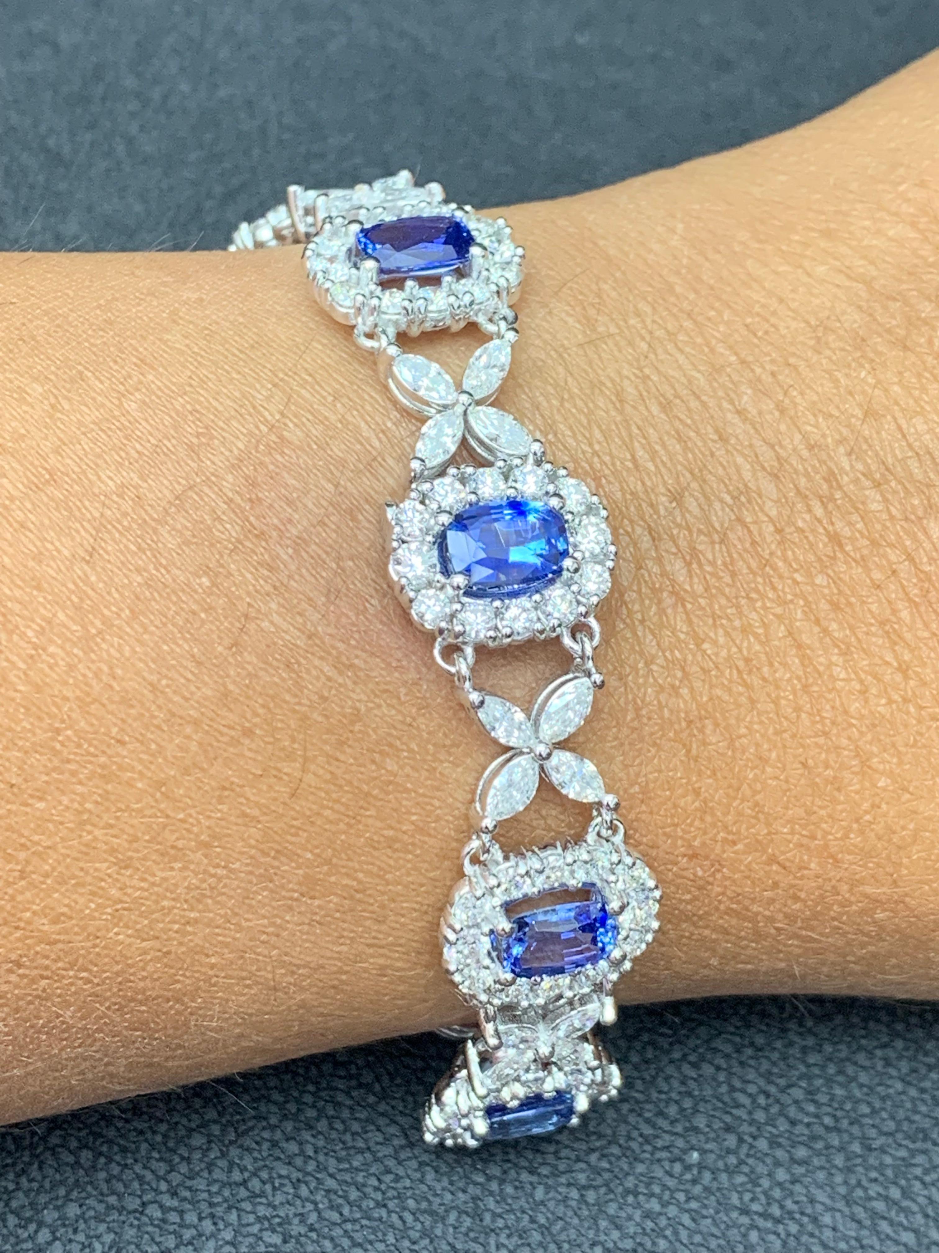 11.47 Carat Oval Cut Blue Sapphire and Diamond Tennis Bracelet in 14K White Gold For Sale 7