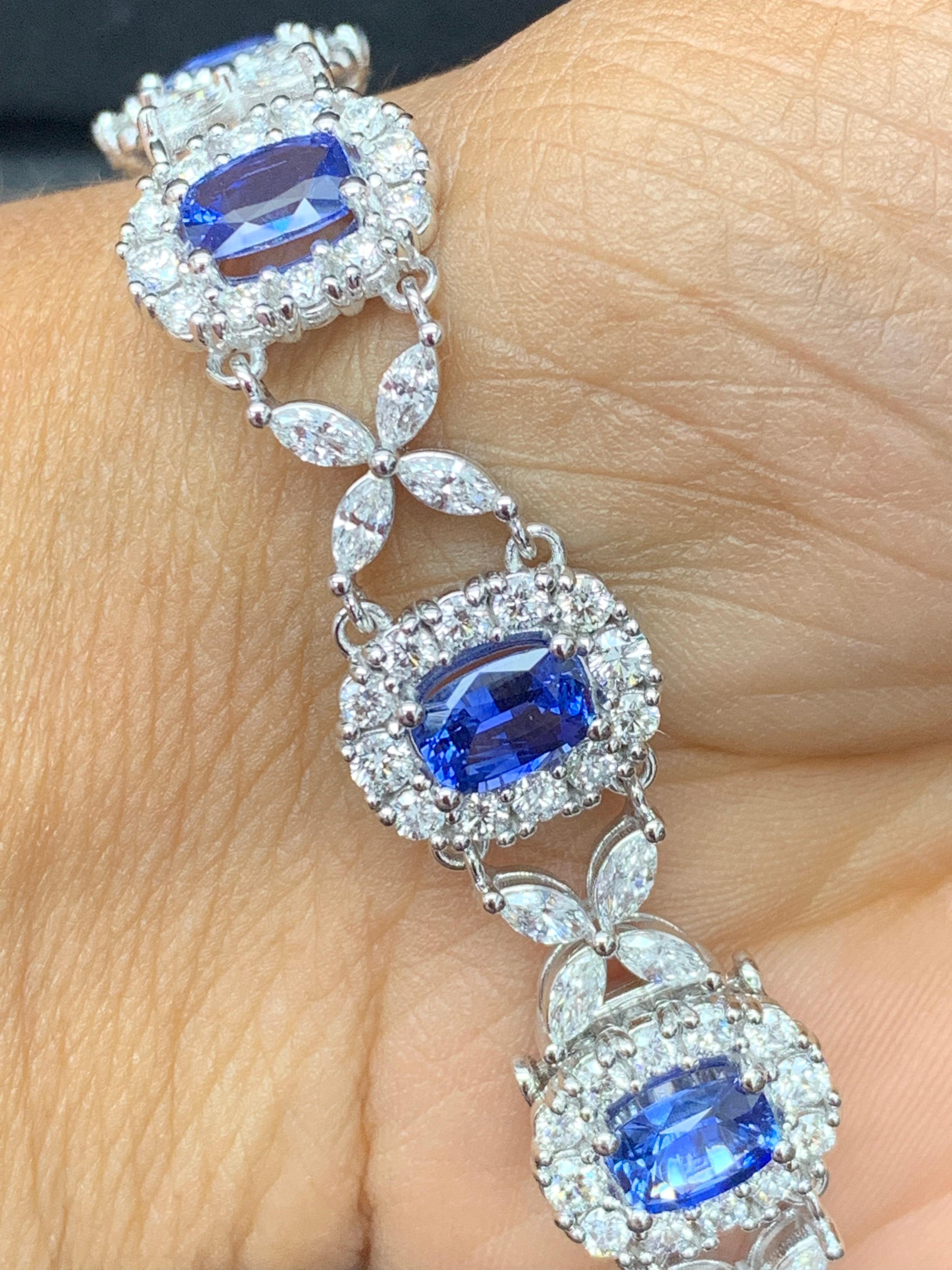 11.47 Carat Oval Cut Blue Sapphire and Diamond Tennis Bracelet in 14K White Gold For Sale 8
