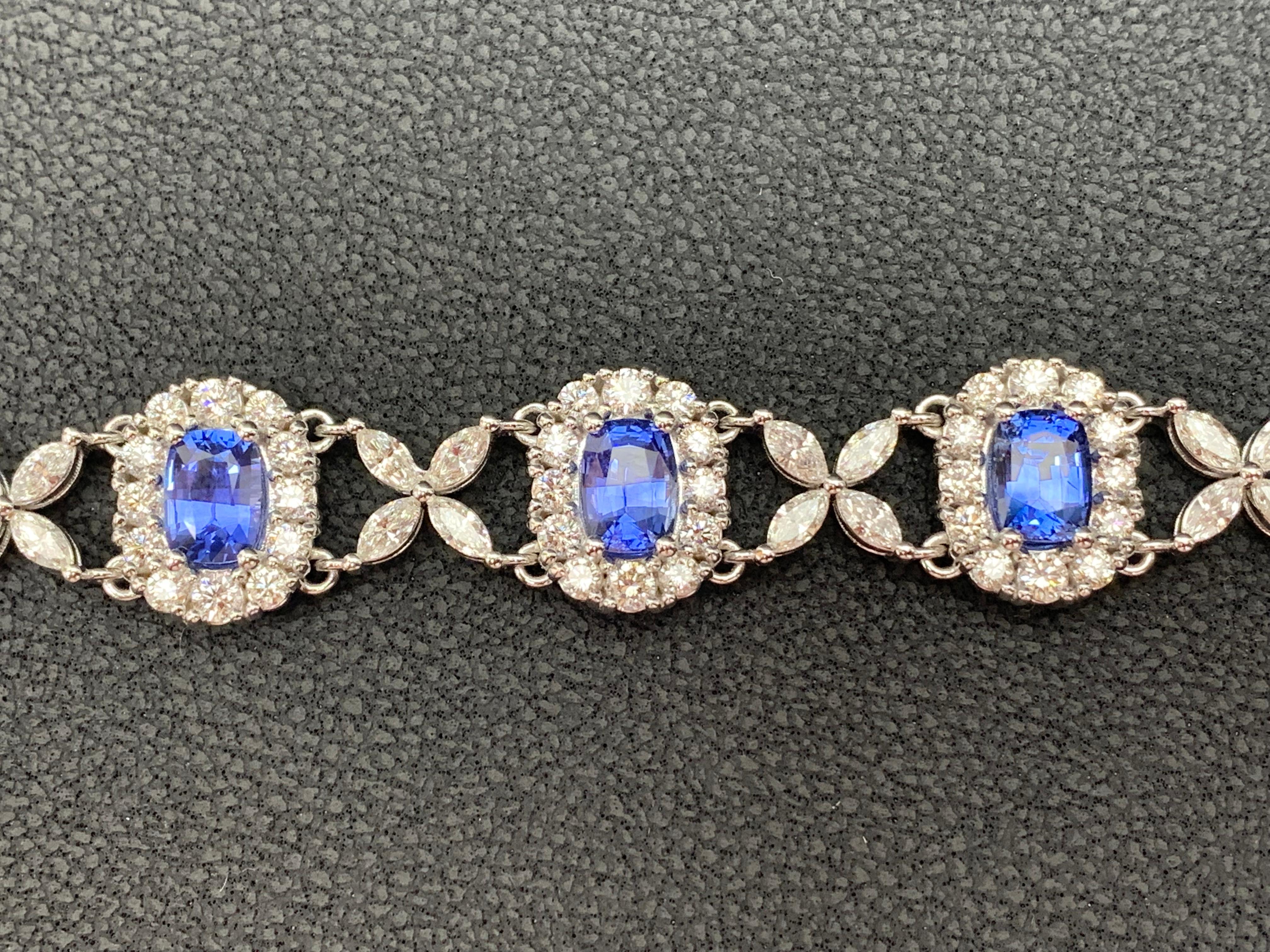 Modern 11.47 Carat Oval Cut Blue Sapphire and Diamond Tennis Bracelet in 14K White Gold For Sale