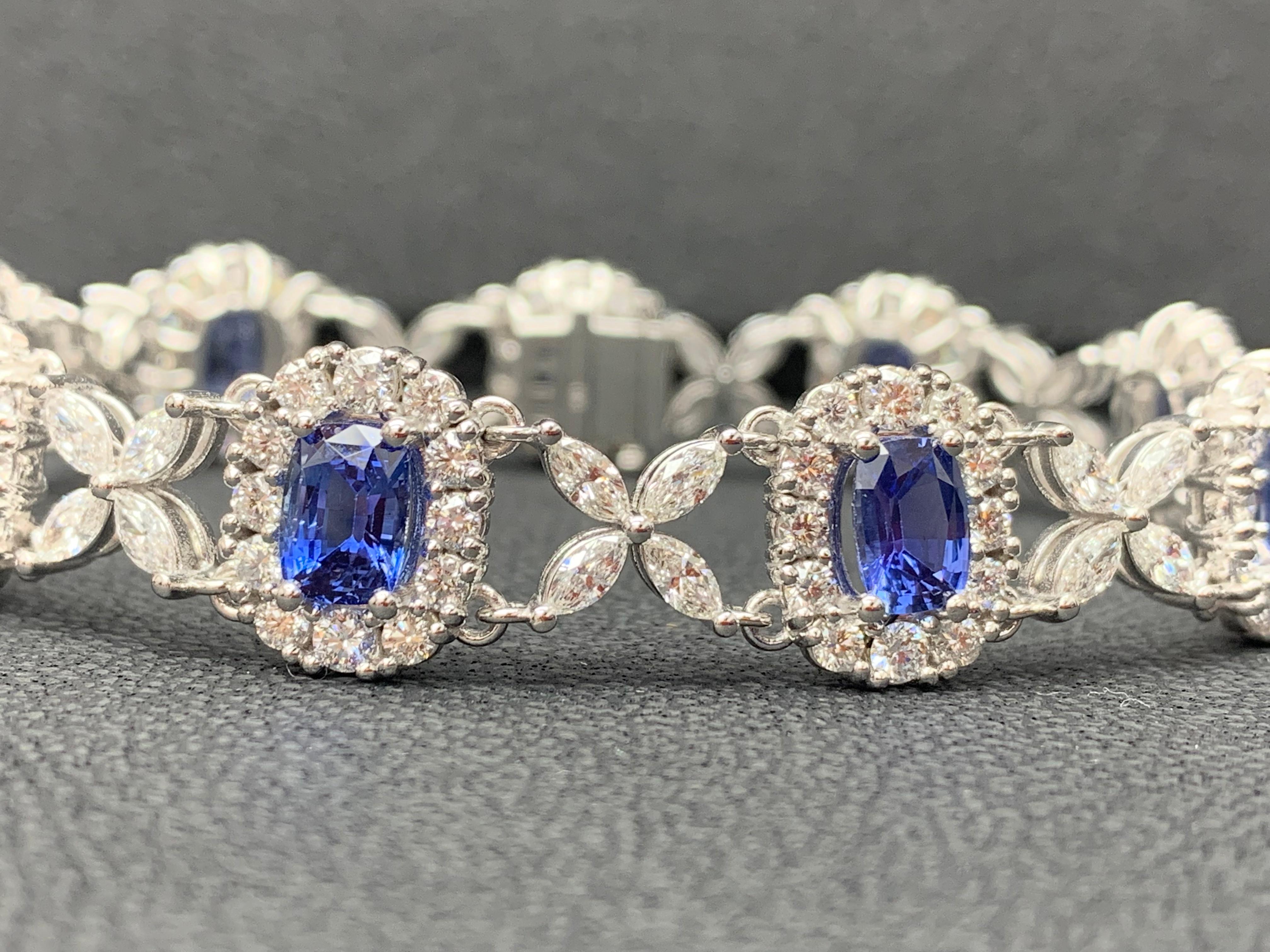 11.47 Carat Oval Cut Blue Sapphire and Diamond Tennis Bracelet in 14K White Gold For Sale 1