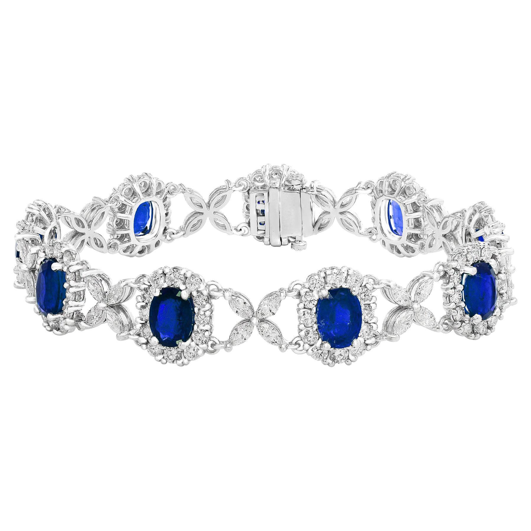 11.47 Carat Oval Cut Blue Sapphire and Diamond Tennis Bracelet in 14K White Gold For Sale
