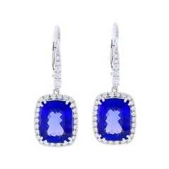 11.47 Carat Total Cushion Cut Tanzanite and Diamond Earrings in 14 Karat Gold
