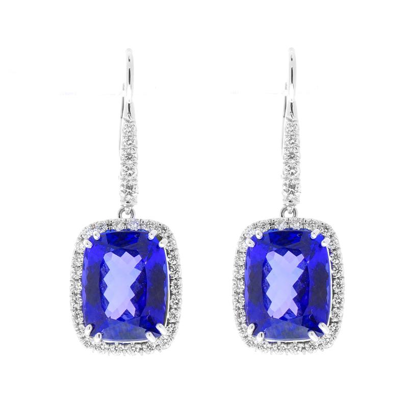 These statement earrings have two cushion-cut, vivid blue-violet tanzanites totaling 11.47 carats expertly set into double prong settings. The gem source is near the foothills of Mt. Kilimanjaro in Tanzania. The saturation is what you want; its