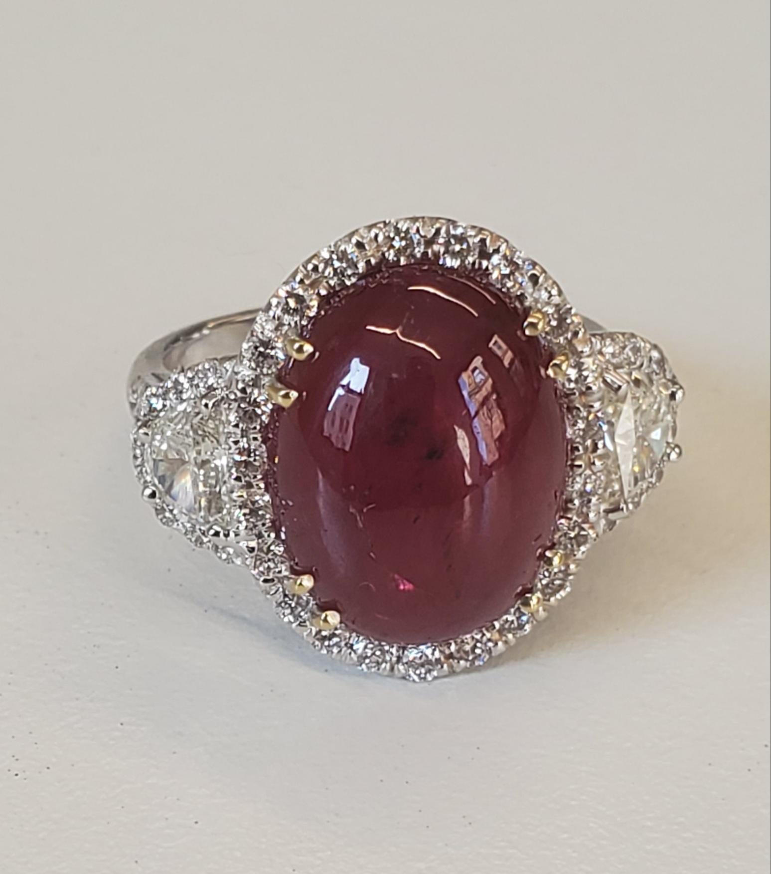 Contemporary 11.48 Carat Cabochon Oval Ruby & Diamond Ring in 18k White Gold