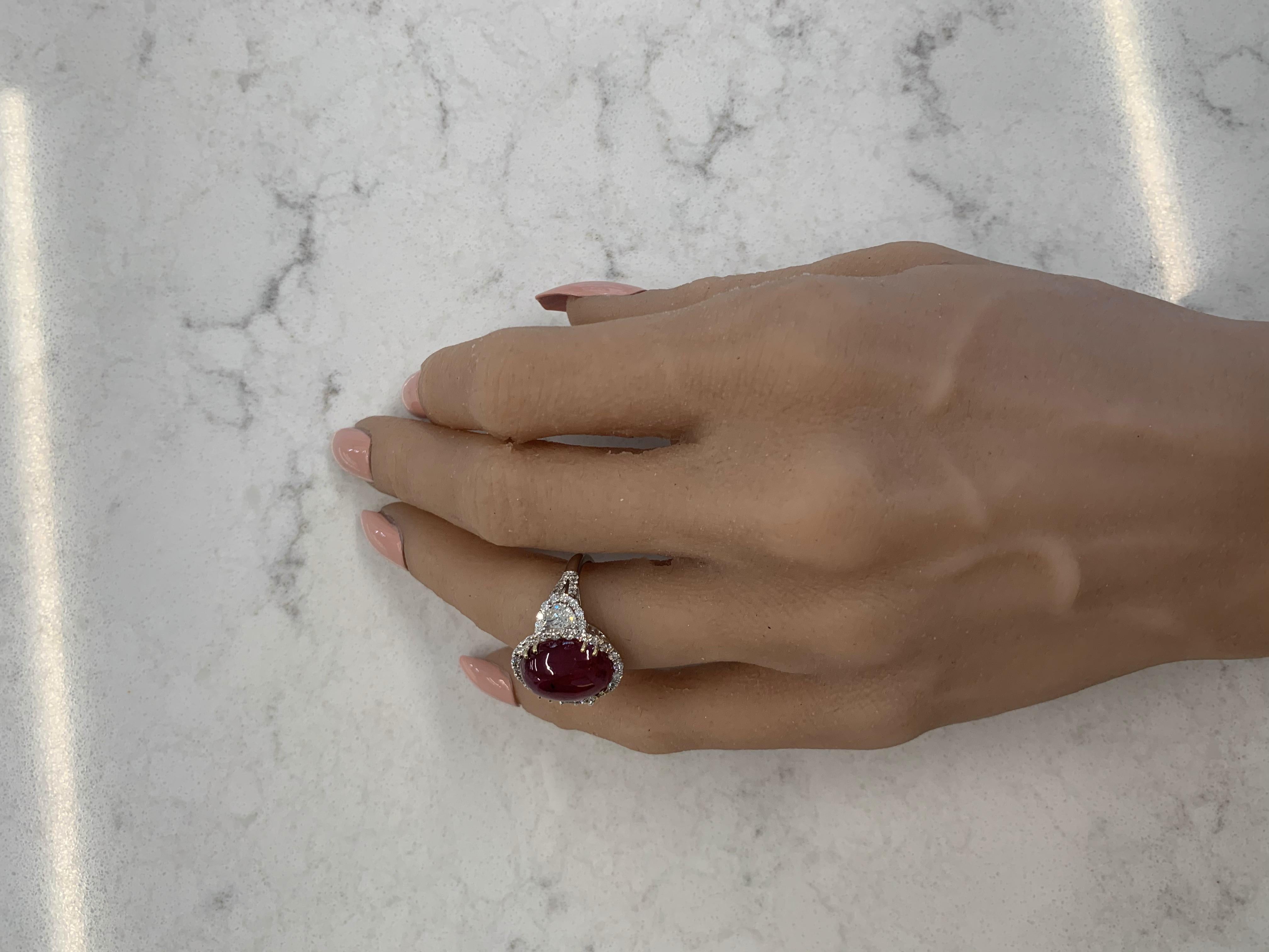 11.48 Carat Cabochon Oval Ruby & Diamond Ring in 18k White Gold In New Condition In Chicago, IL