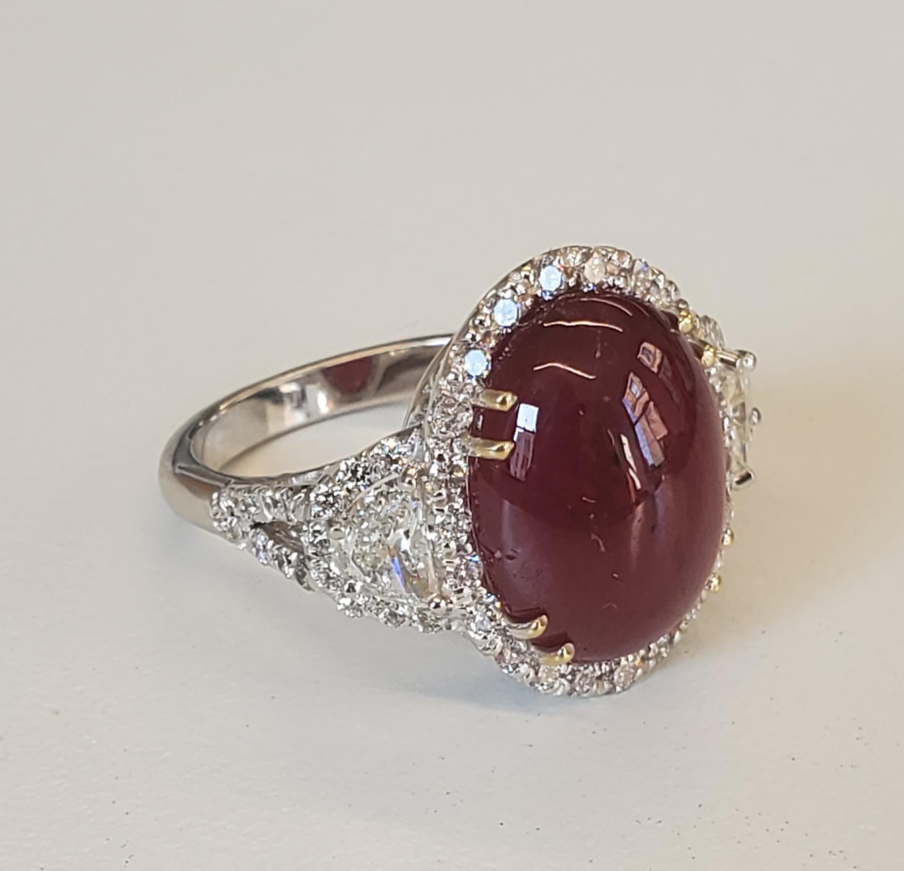 Women's 11.48 Carat Cabochon Oval Ruby & Diamond Ring in 18k White Gold