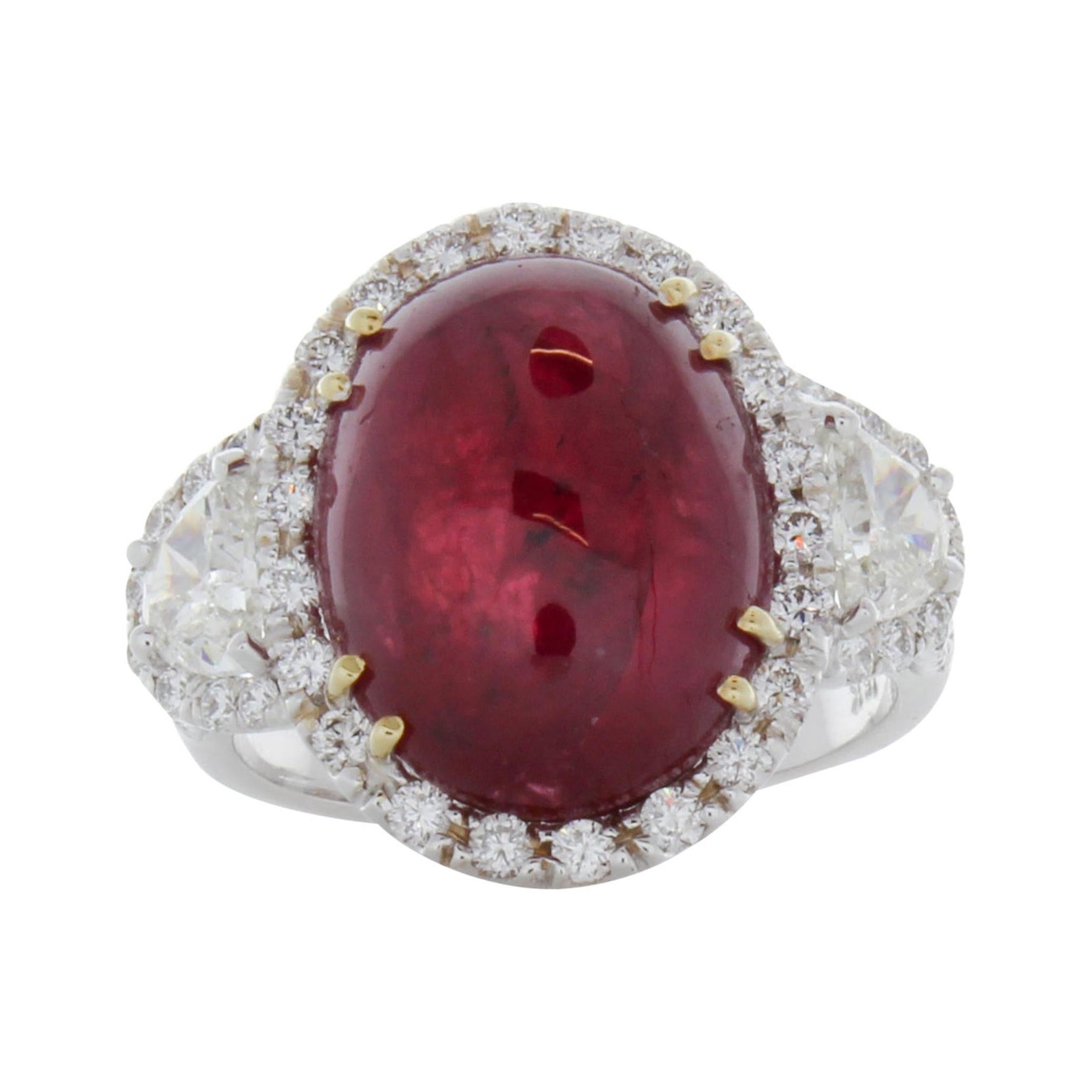 11.48 Carat Cabochon Oval Ruby & Diamond Ring in 18k White Gold