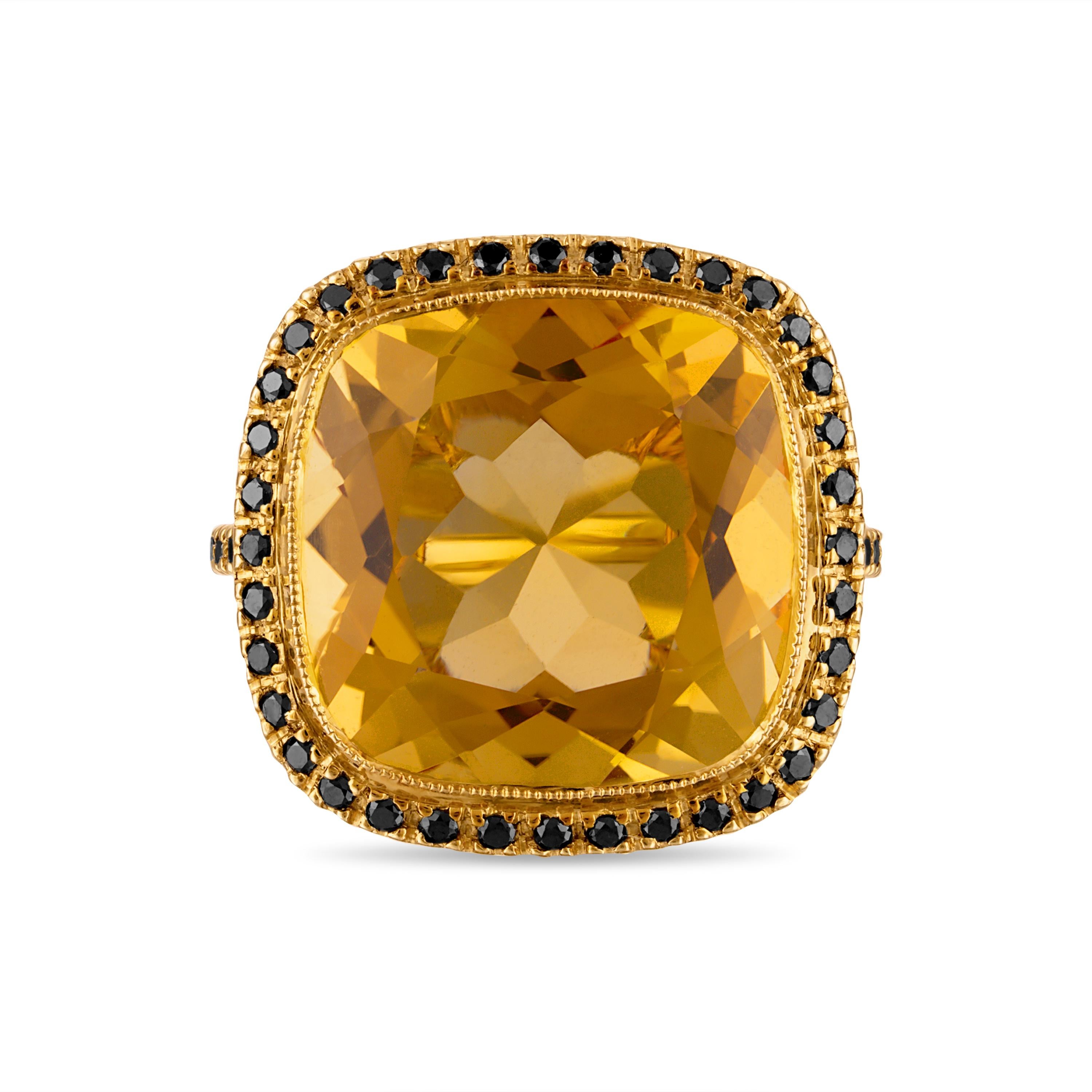 11.49 Carat Natural Cushion-Cut Citrine and Black Diamond Gold Cocktail Ring:

A beautiful cocktail ring, it features a natural cushion-cut citrine weighing 11.49 carat surrounded by round-brilliant black diamonds weighing 0.41 carat. The citrine