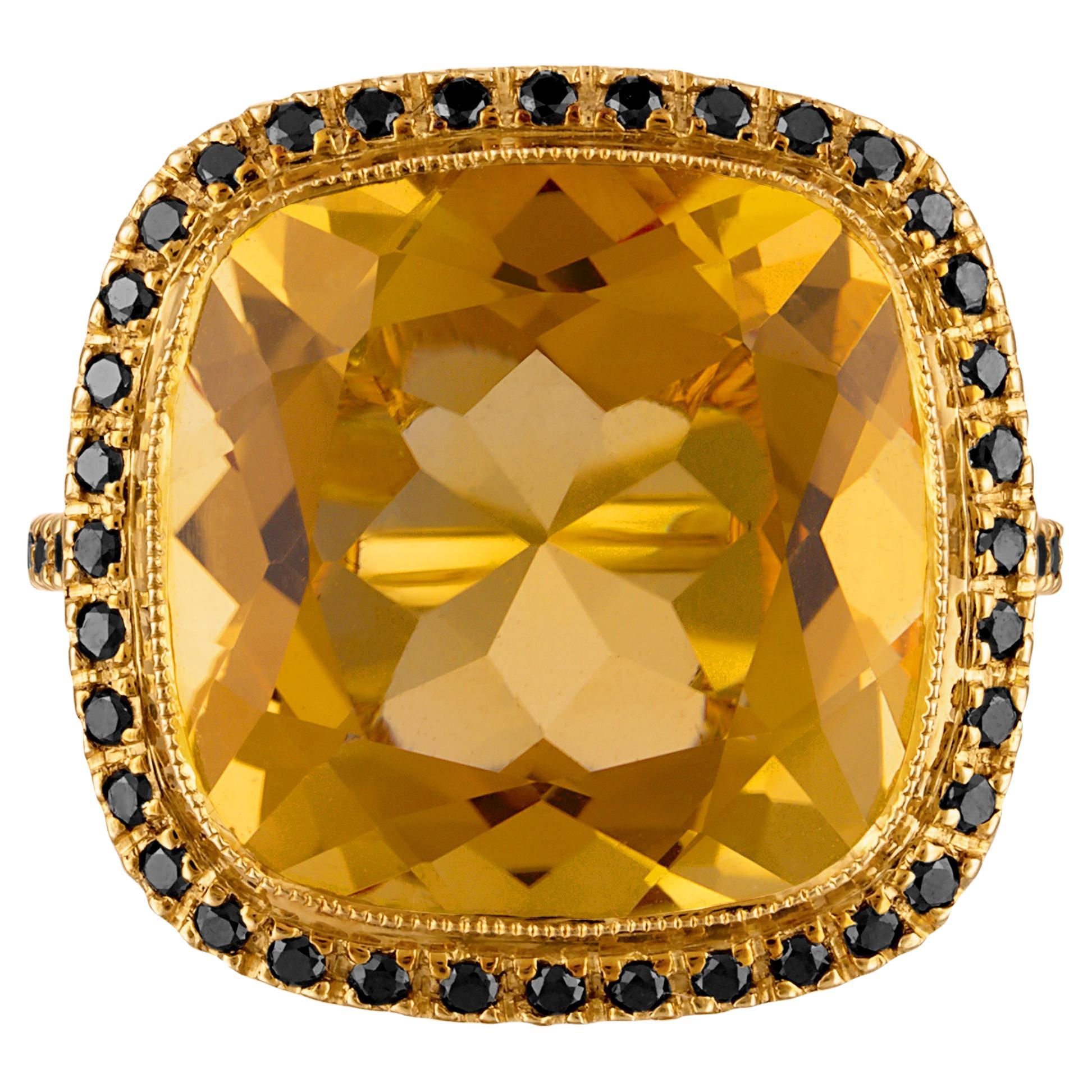 11.49 Carat Natural Cushion-Cut Citrine and Black Diamond Gold Cocktail Ring For Sale