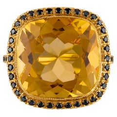 11.49 Carat Natural Cushion-Cut Citrine and Black Diamond Gold Cocktail Ring