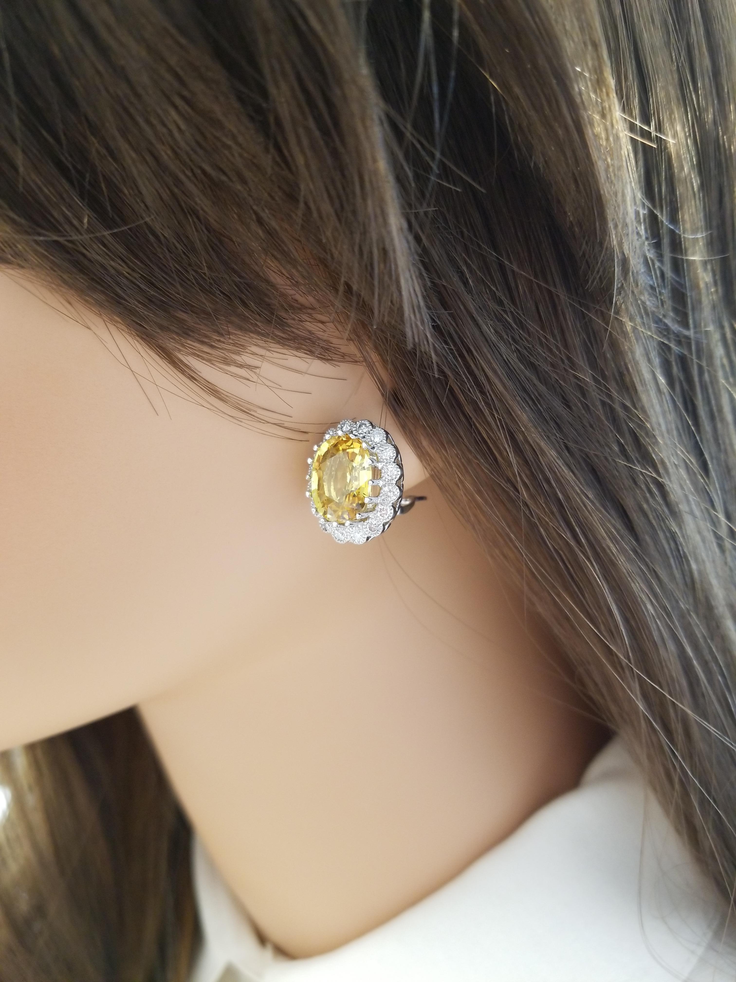 Round Cut 11.49 Carat Total Yellow Sapphire and Diamond Earring in 14 Karat White Gold