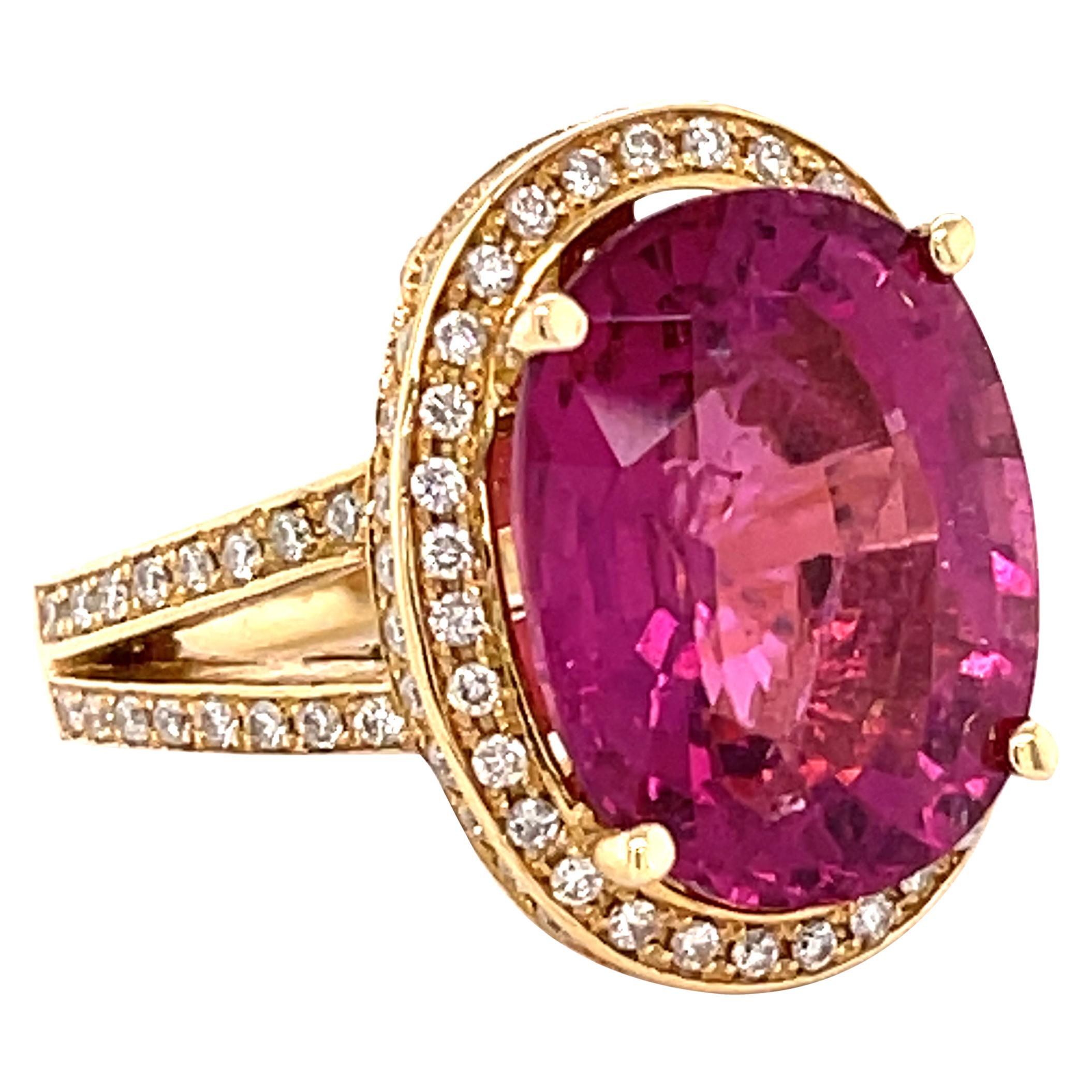 11.49 Carats Pink Tourmaline and 1. Carat Diamond Gold Ring