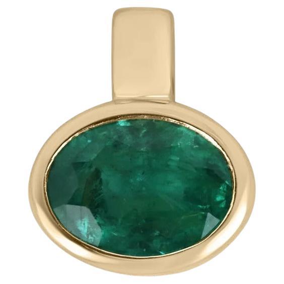 1.14ct 14K Natural Dark Green Oval Cut Solitaire Gold Bezel Pendant Necklace For Sale