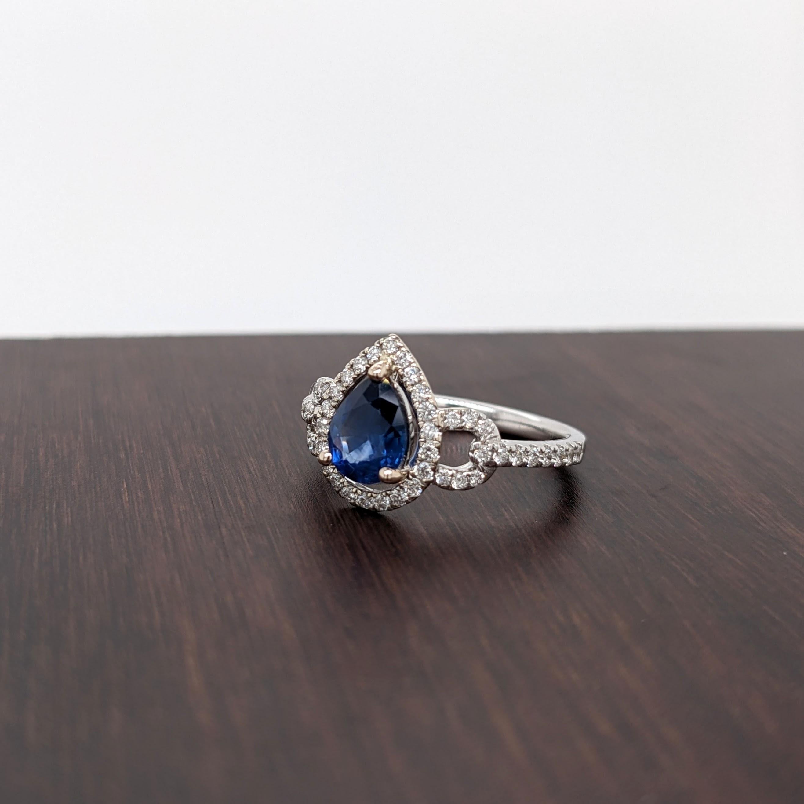 Modernist 1.14ct Ceylon Sapphire Ring w Diamond Halo in Solid 14k White Gold Pear 8x6mm