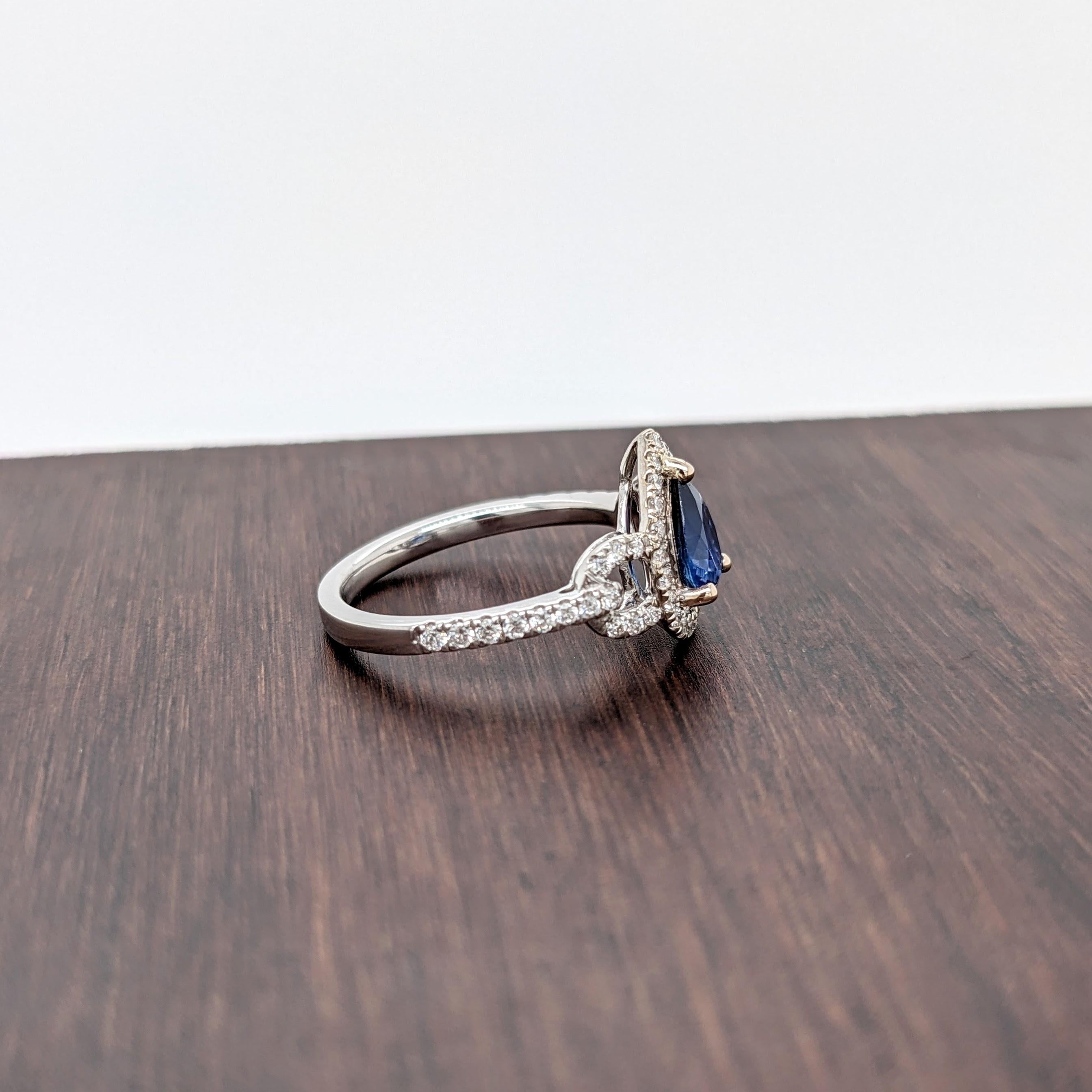 Pear Cut 1.14ct Ceylon Sapphire Ring w Diamond Halo in Solid 14k White Gold Pear 8x6mm
