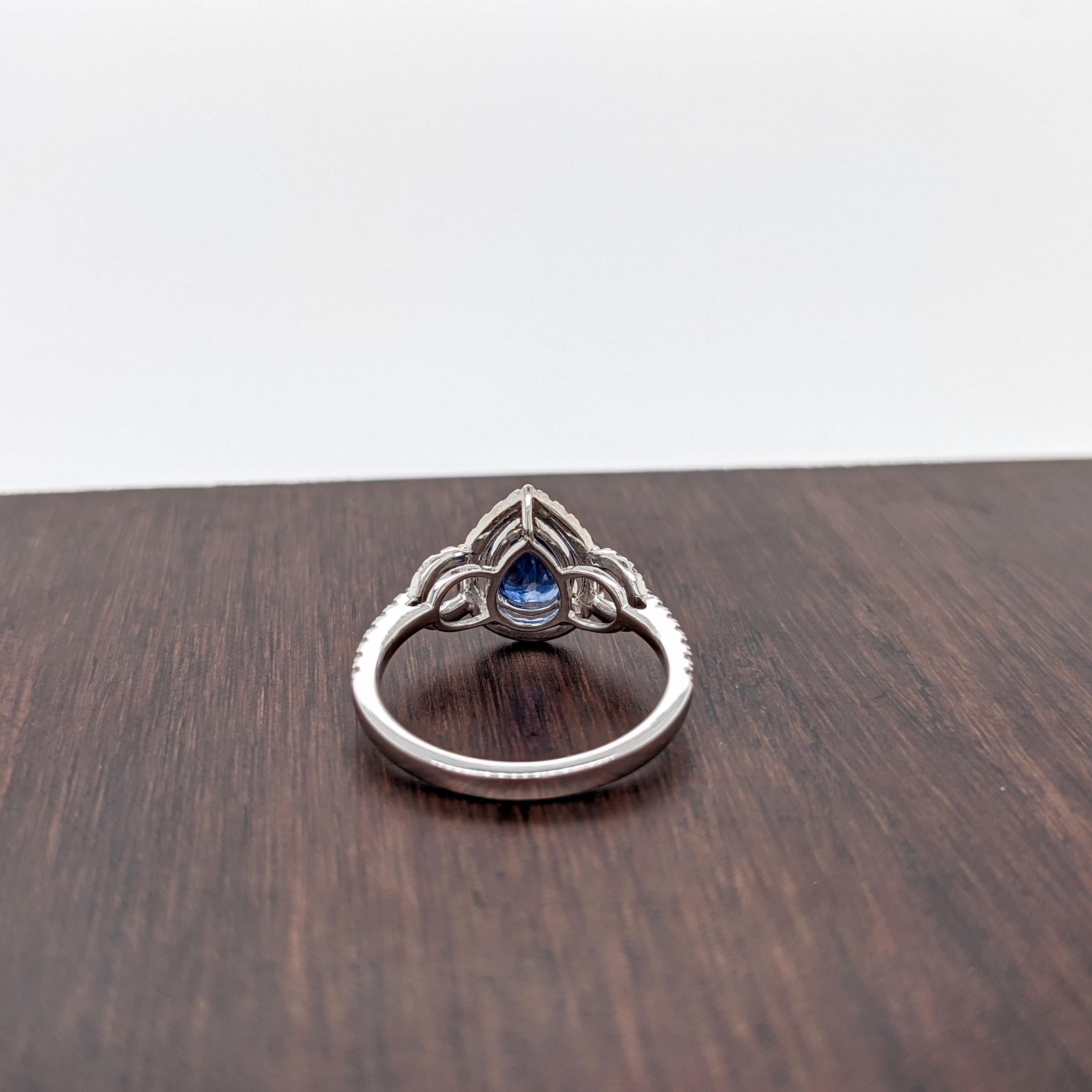 1.14ct Ceylon Sapphire Ring w Diamond Halo in Solid 14k White Gold Pear 8x6mm In New Condition In Columbus, OH