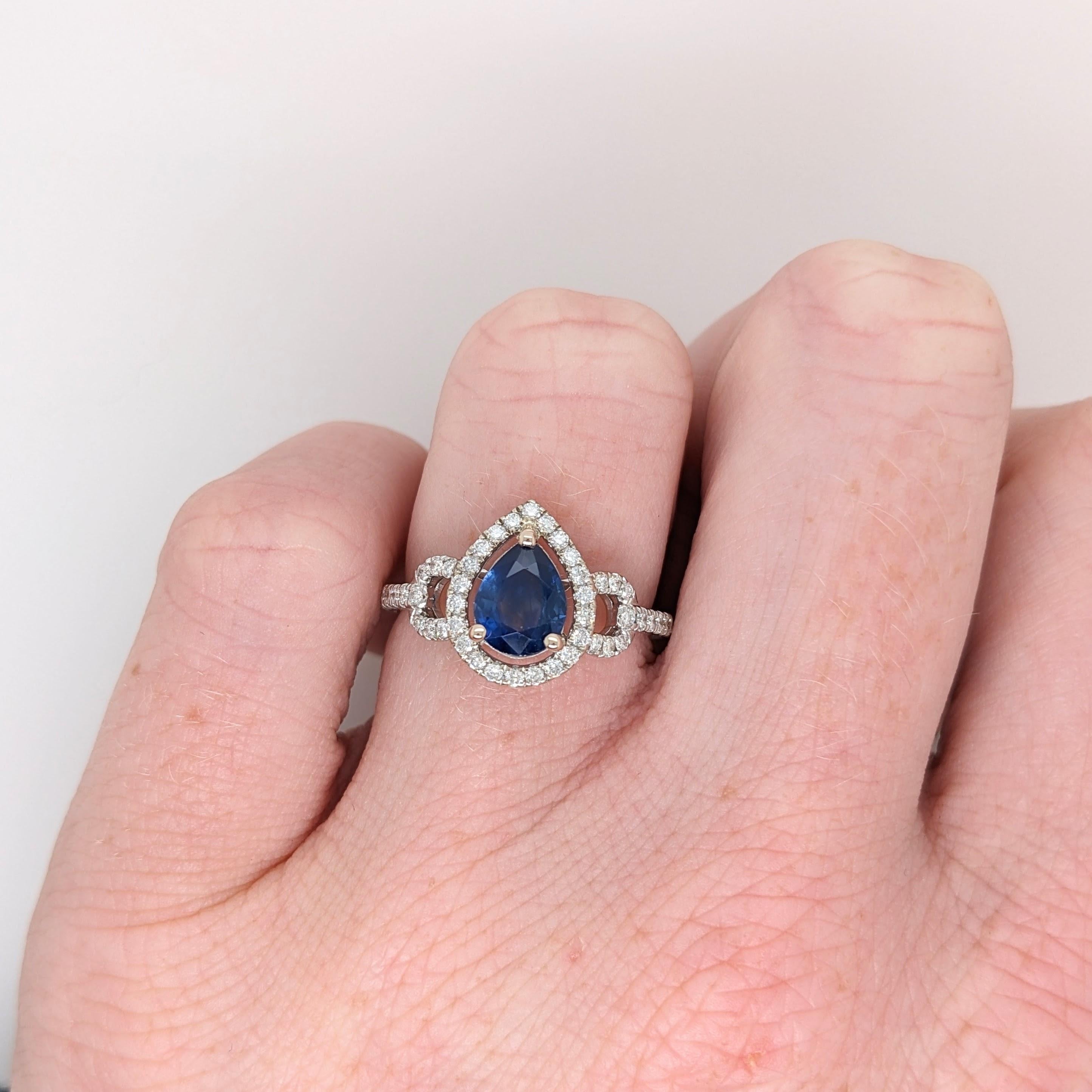 Women's 1.14ct Ceylon Sapphire Ring w Diamond Halo in Solid 14k White Gold Pear 8x6mm
