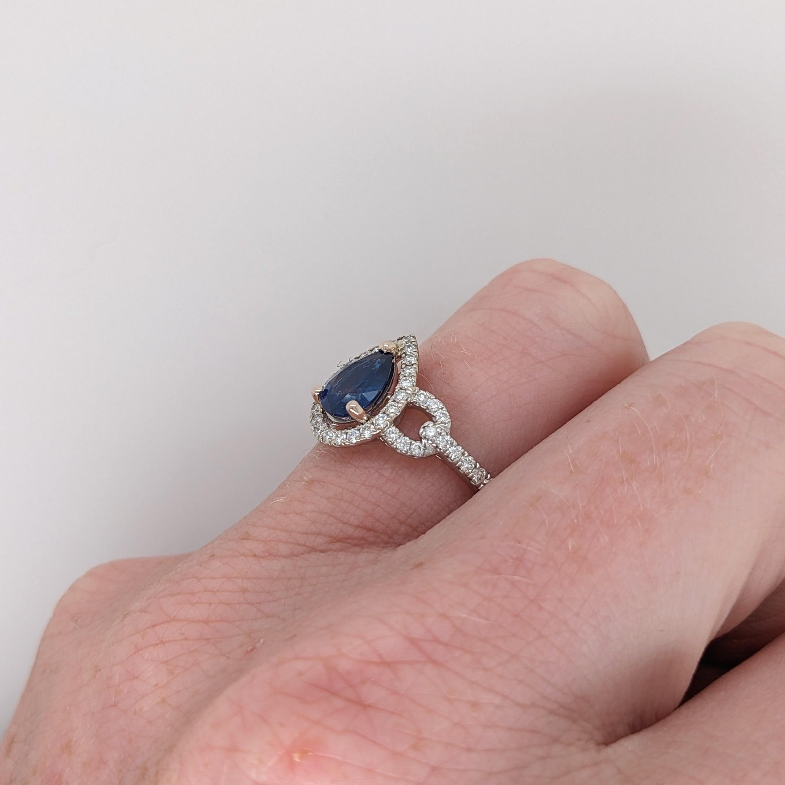 1.14ct Ceylon Sapphire Ring w Diamond Halo in Solid 14k White Gold Pear 8x6mm 1