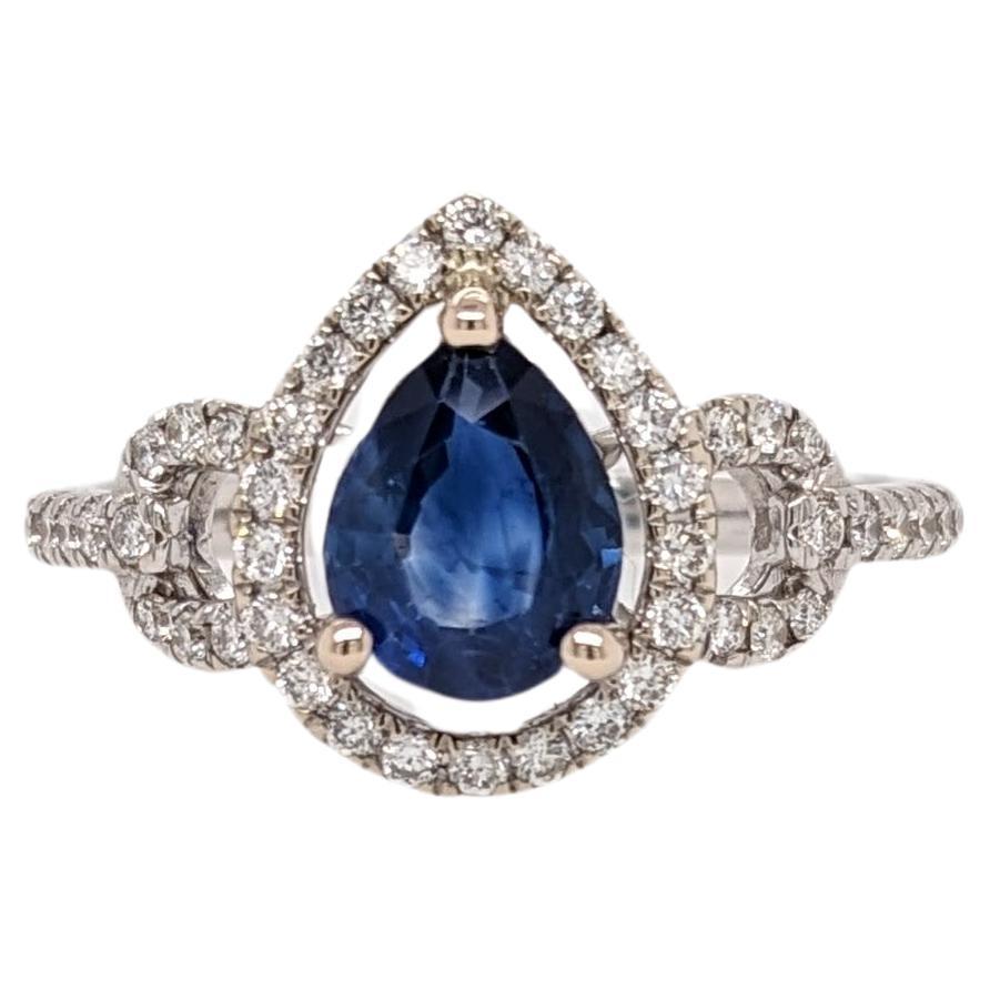 1.14ct Ceylon Sapphire Ring w Diamond Halo in Solid 14k White Gold Pear 8x6mm