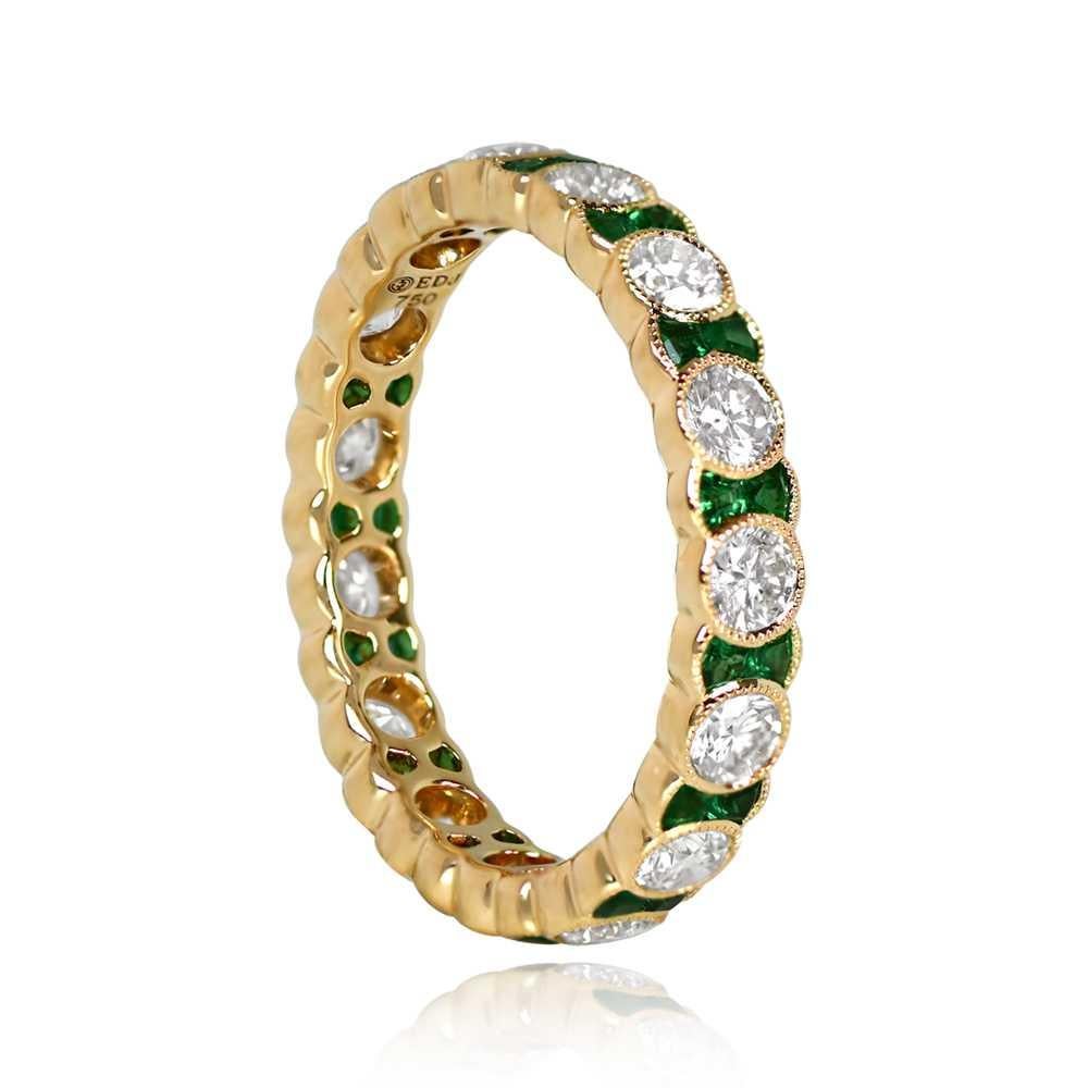 Art Deco 1.14ct Diamond & 0.44 Green Emerald Eternity Band Ring, 18k Yellow Gold For Sale