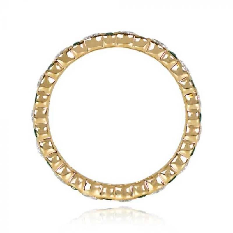 Round Cut 1.14ct Diamond & 0.44 Green Emerald Eternity Band Ring, 18k Yellow Gold For Sale