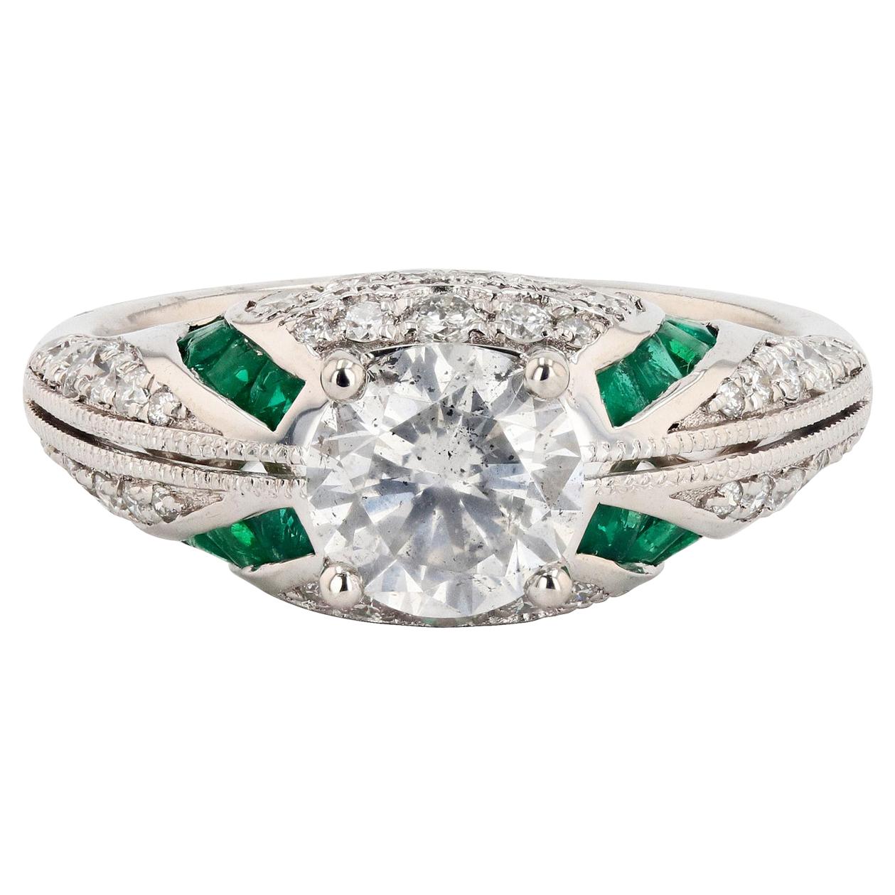 1.14ct Diamond and 0.46ctw Emerald Platinum Ring '1.77ctw Diamonds' For Sale