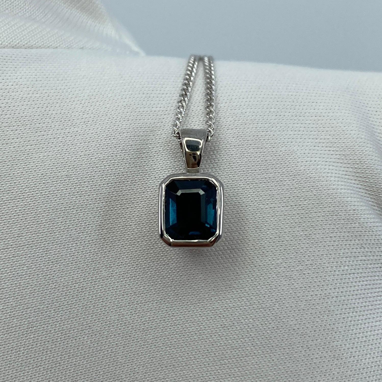 1.14ct Emerald Cut Untreated Deep Blue Sapphire Rubover 18k White Gold Pendant 10