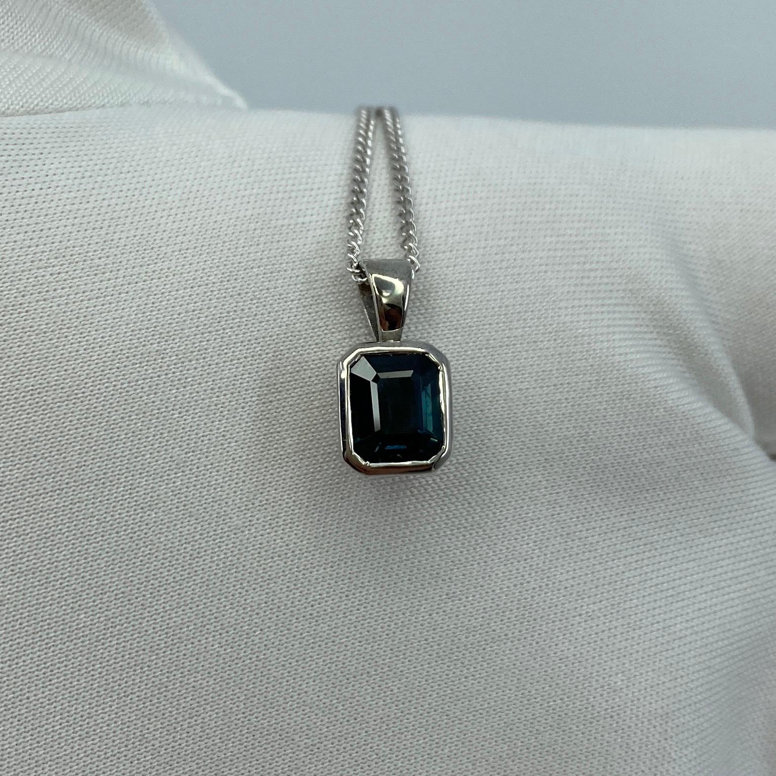 1.14ct Emerald Cut Untreated Deep Blue Sapphire Rubover 18k White Gold Pendant 11