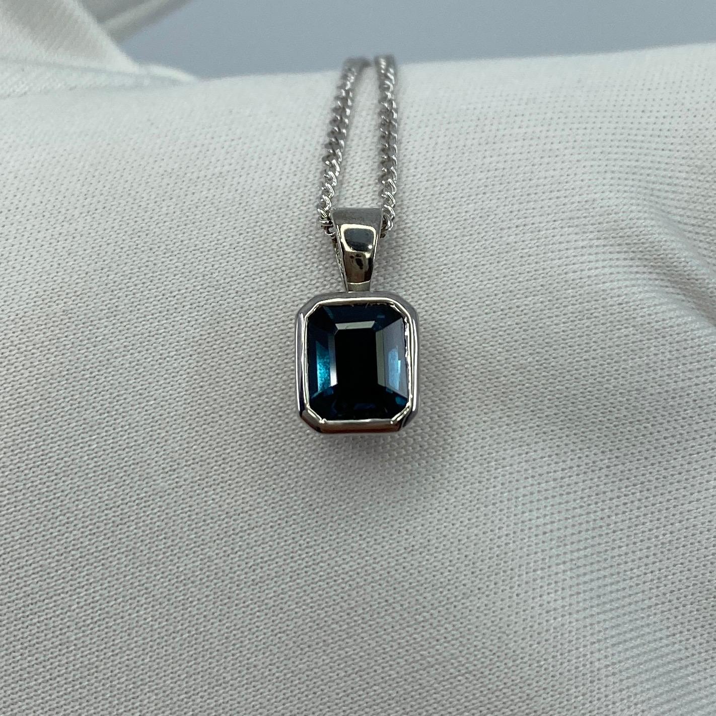 Deep Blue Untreated Sapphire 18k White Gold Pendant Necklace.

1.14 Carat sapphire with a deep blue colour and very good clarity, clean stone with only some small natural inclusions visible when looking closely. Also has an excellent emerald/octagon