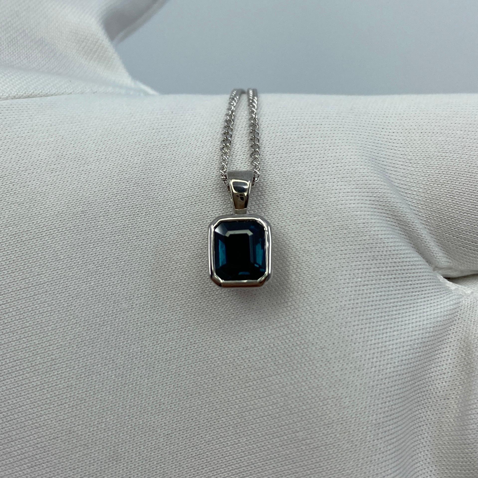 1.14ct Emerald Cut Untreated Deep Blue Sapphire Rubover 18k White Gold Pendant 15