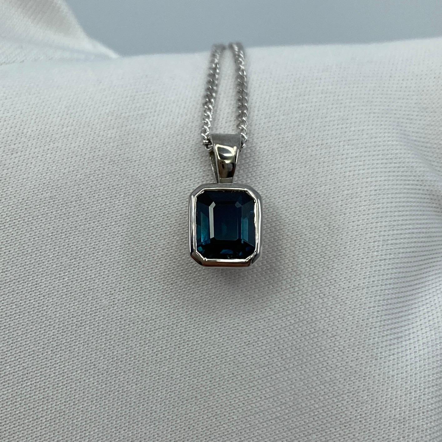 1.14ct Emerald Cut Untreated Deep Blue Sapphire Rubover 18k White Gold Pendant In New Condition In Birmingham, GB