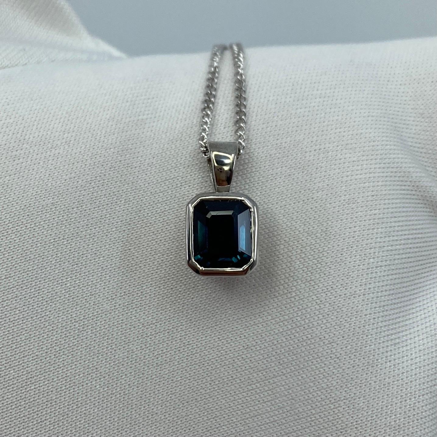 Women's or Men's 1.14ct Emerald Cut Untreated Deep Blue Sapphire Rubover 18k White Gold Pendant