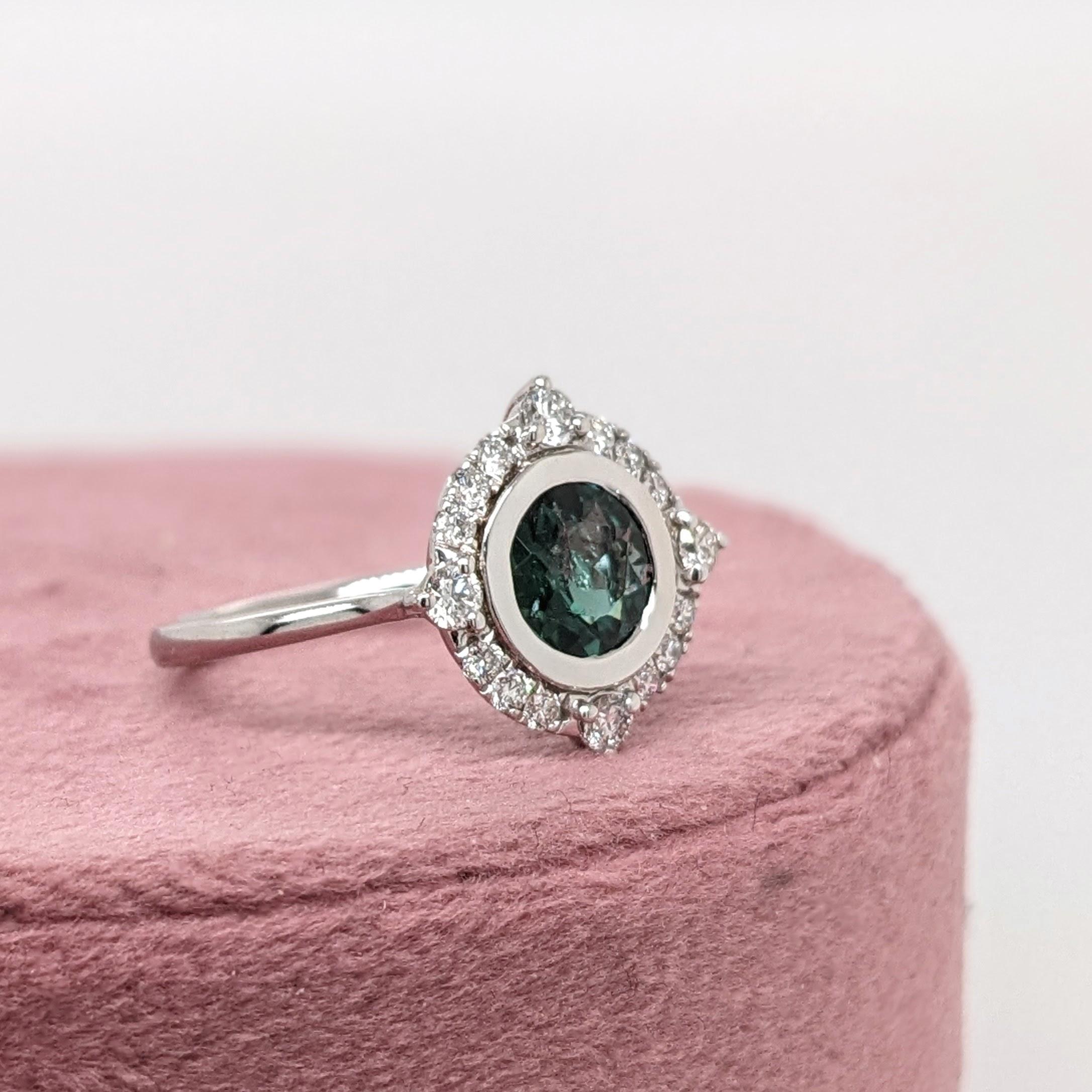 1.14ct Indicolite Tourmaline Ring w Diamond Halo in 14K White Gold Round 7mm In New Condition For Sale In Columbus, OH