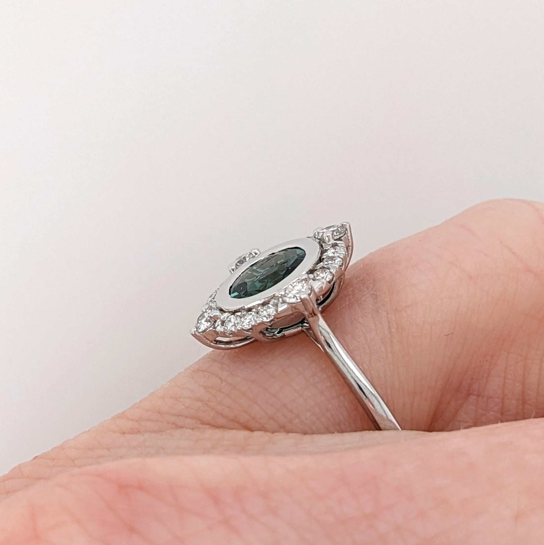 1.14ct Indicolite Tourmaline Ring w Diamond Halo in 14K White Gold Round 7mm For Sale 2