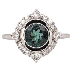 Bague ronde de 7 mm en or blanc 14 carats avec tourmaline indicolite de 1,14 carat et halo de diamants