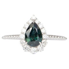 1.14ct Teal Blue Nigerian Sapphire Diamond Halo 14k White Gold Engagement Ring