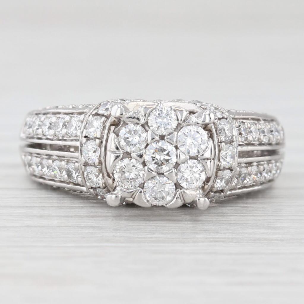 1.14ctw Diamond Cluster Engagement Ring 14k White Gold Size 7 Cathedral In Good Condition For Sale In McLeansville, NC