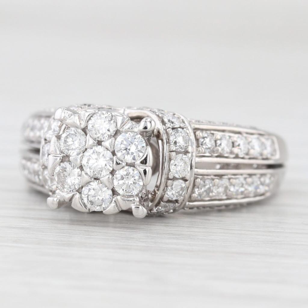 1.14ctw Diamond Cluster Engagement Ring 14k White Gold Size 7 Cathedral For Sale 1
