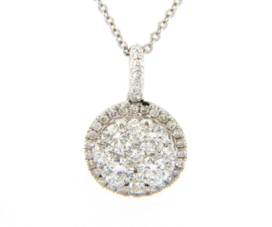 Round Cut 1.14ctw Diamond Cluster Halo Pendant Necklace in 14K White Gold For Sale